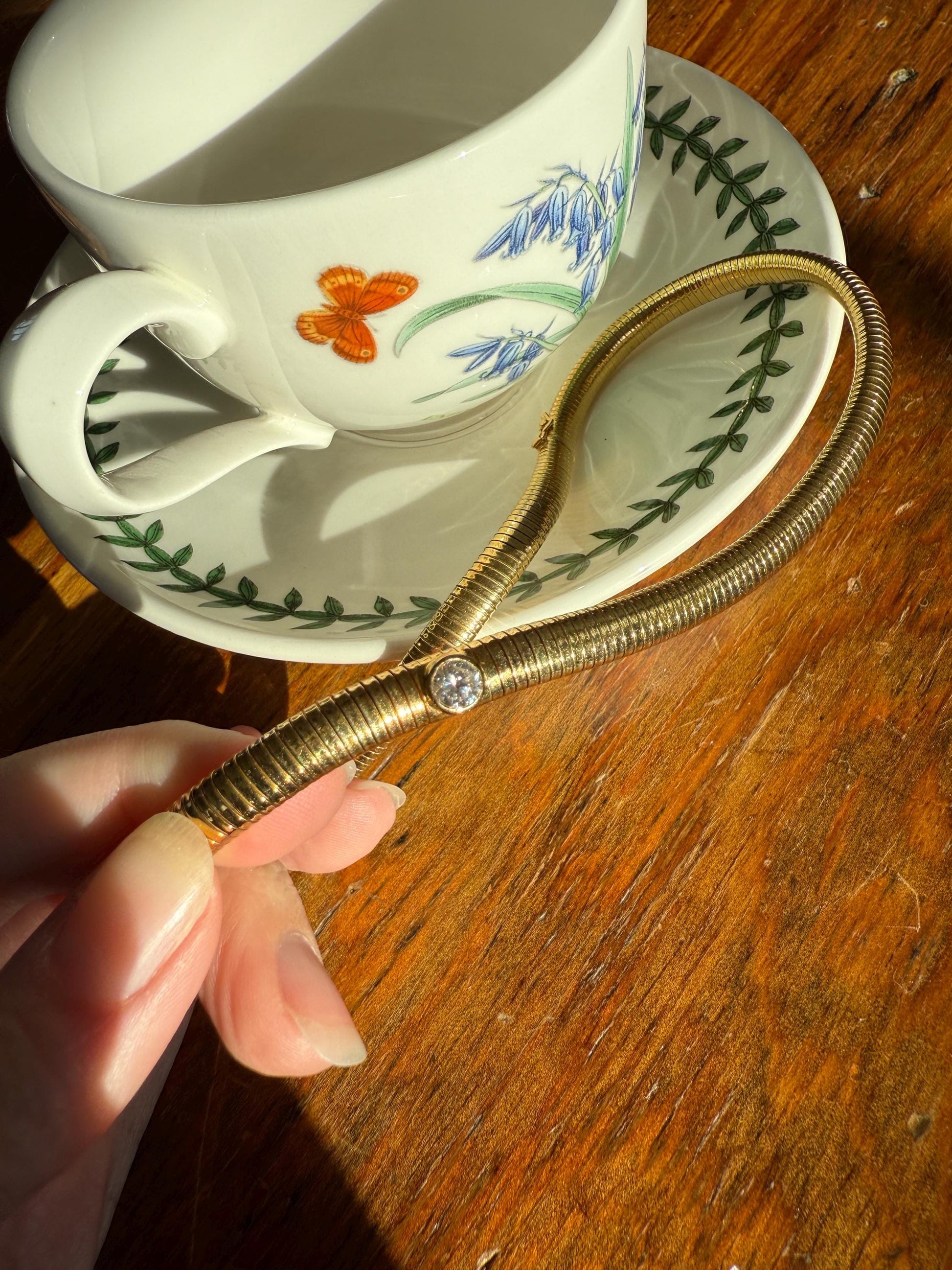 HEAVY Vintage Tubogas Chain 43g 18k GOLD Solid Bezel Set Brilliant Cut DIAMOND French Retro Necklace Springy Chunky 3D Choker