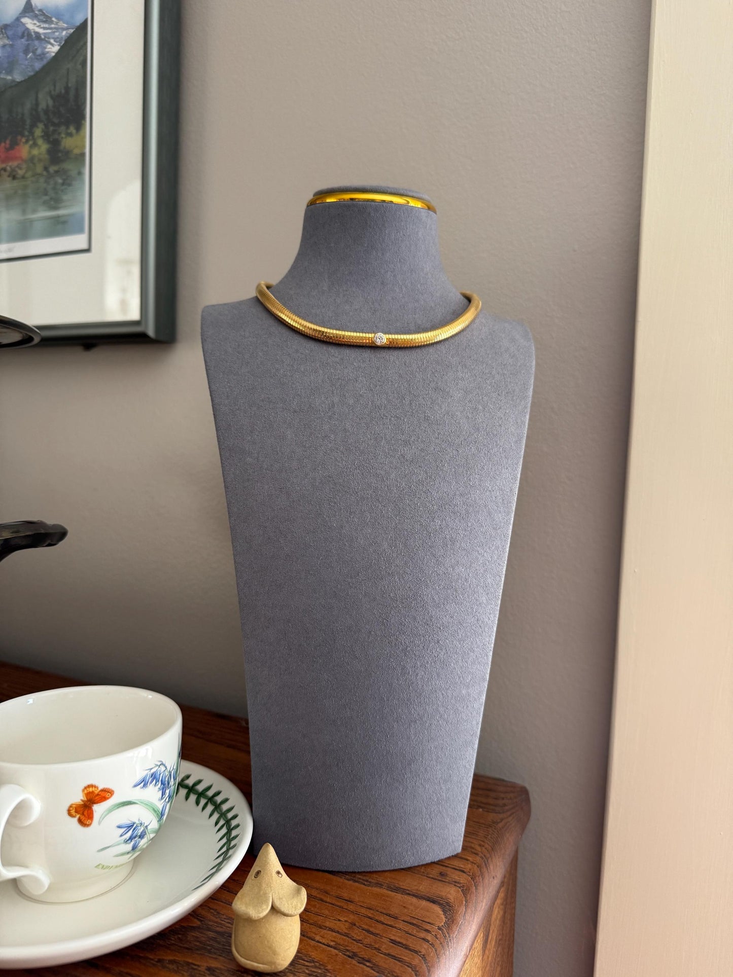 HEAVY Vintage Tubogas Chain 43g 18k GOLD Solid Bezel Set Brilliant Cut DIAMOND French Retro Necklace Springy Chunky 3D Choker