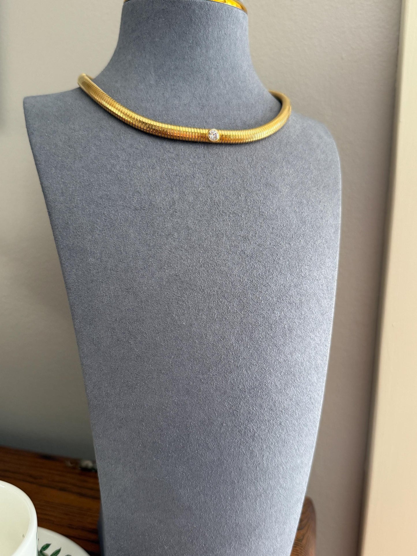 HEAVY Vintage Tubogas Chain 43g 18k GOLD Solid Bezel Set Brilliant Cut DIAMOND French Retro Necklace Springy Chunky 3D Choker