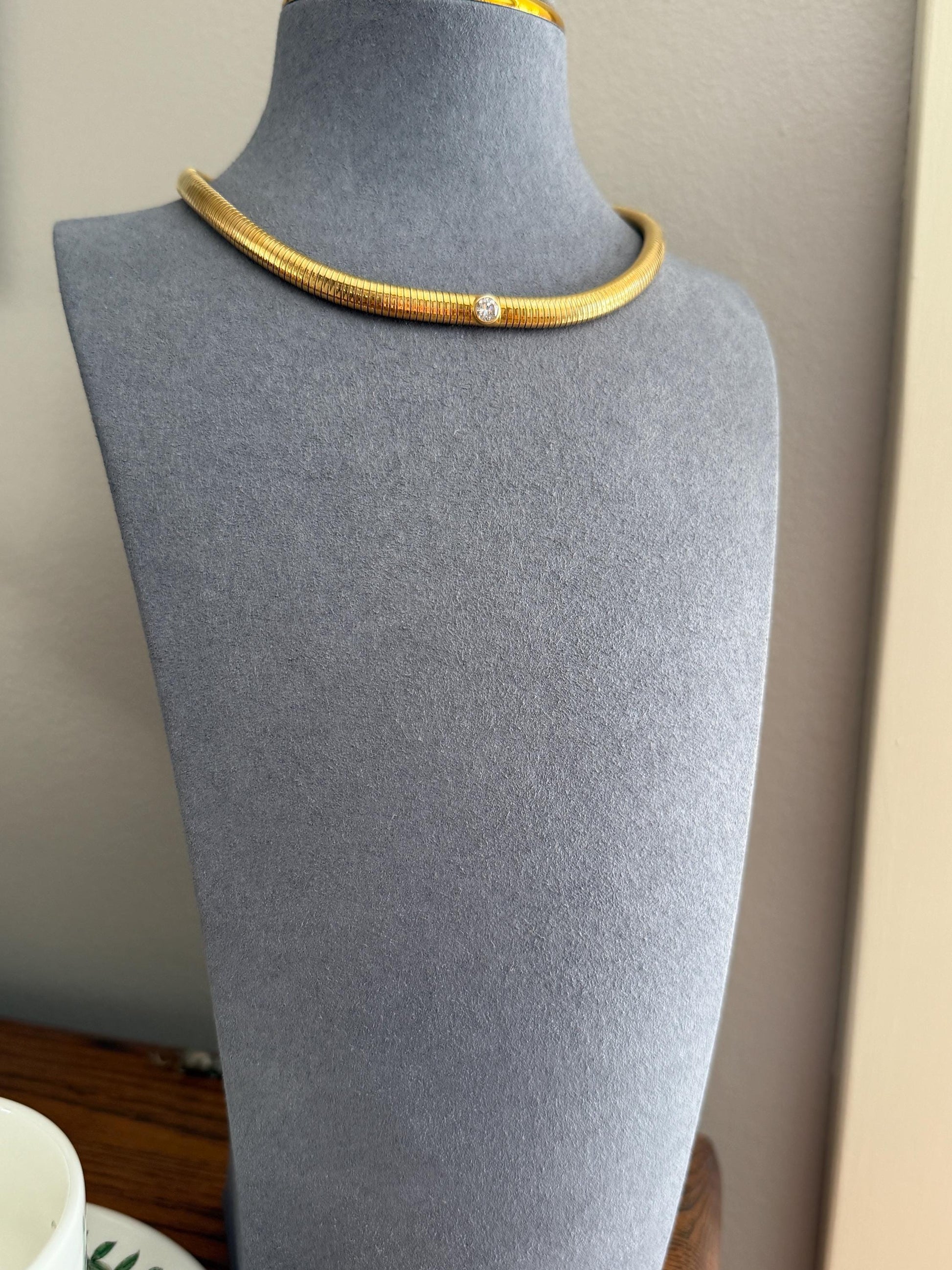 HEAVY Vintage Tubogas Chain 43g 18k GOLD Solid Bezel Set Brilliant Cut DIAMOND French Retro Necklace Springy Chunky 3D Choker