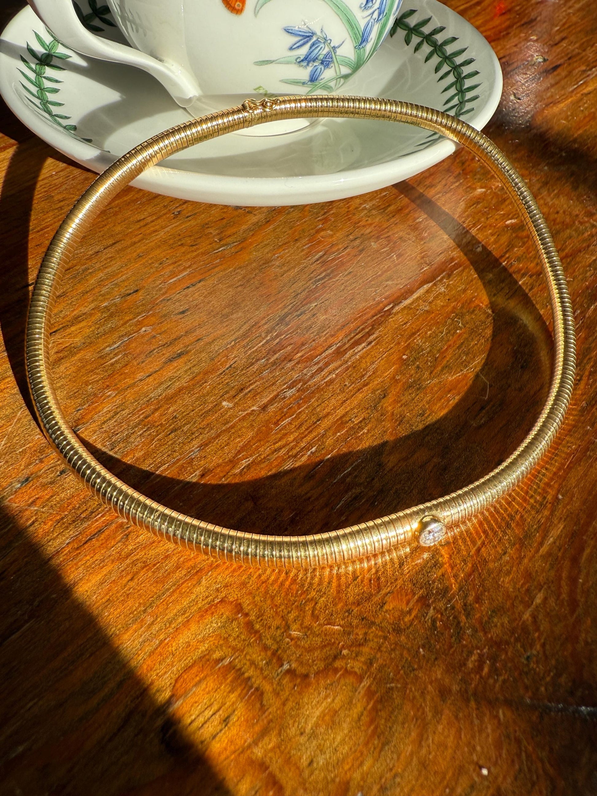 HEAVY Vintage Tubogas Chain 43g 18k GOLD Solid Bezel Set Brilliant Cut DIAMOND French Retro Necklace Springy Chunky 3D Choker