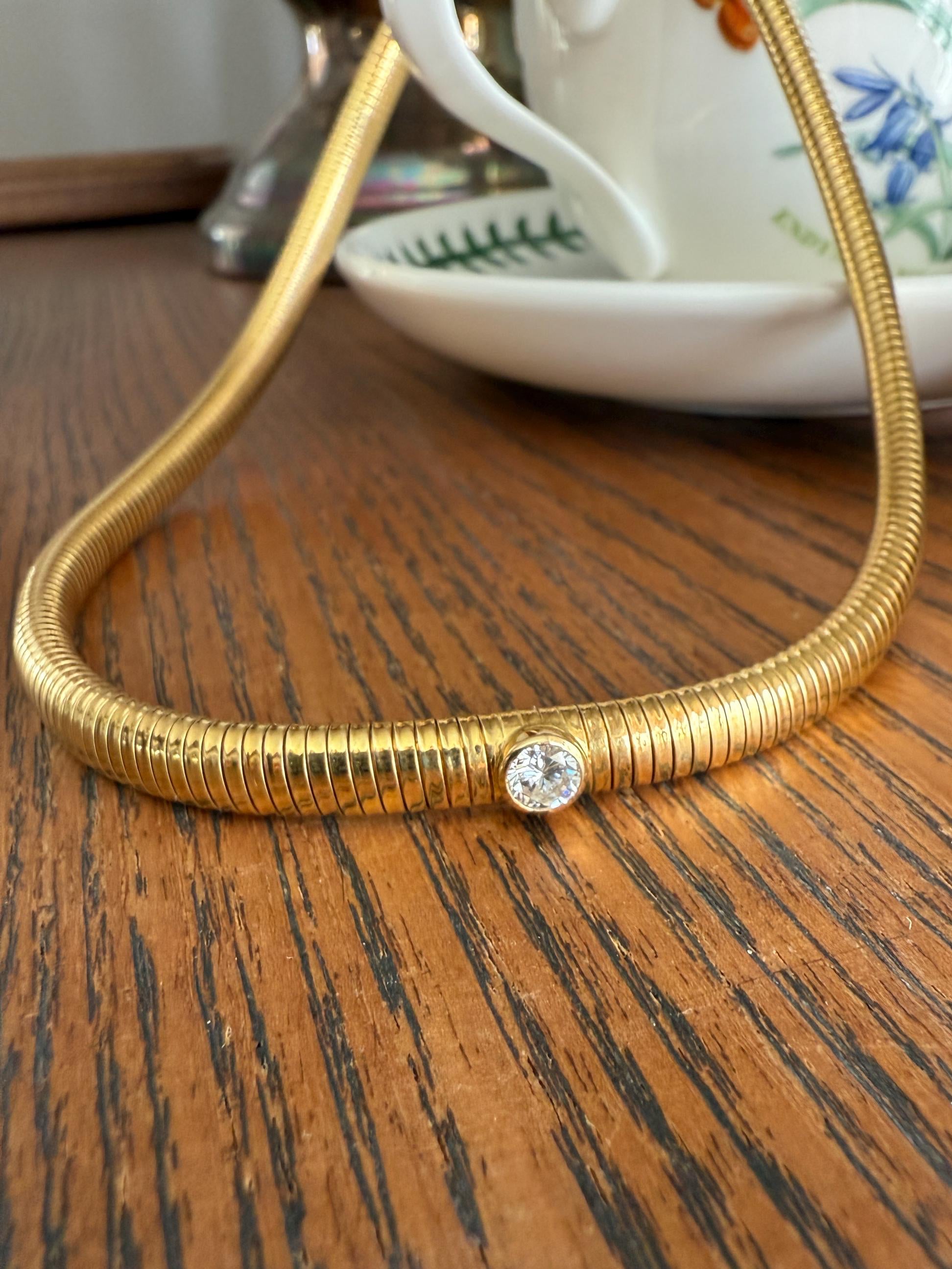 HEAVY Vintage Tubogas Chain 43g 18k GOLD Solid Bezel Set Brilliant Cut DIAMOND French Retro Necklace Springy Chunky 3D Choker