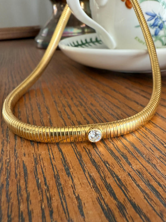 HEAVY Vintage Tubogas Chain 43g 18k GOLD Solid Bezel Set Brilliant Cut DIAMOND French Retro Necklace Springy Chunky 3D Choker