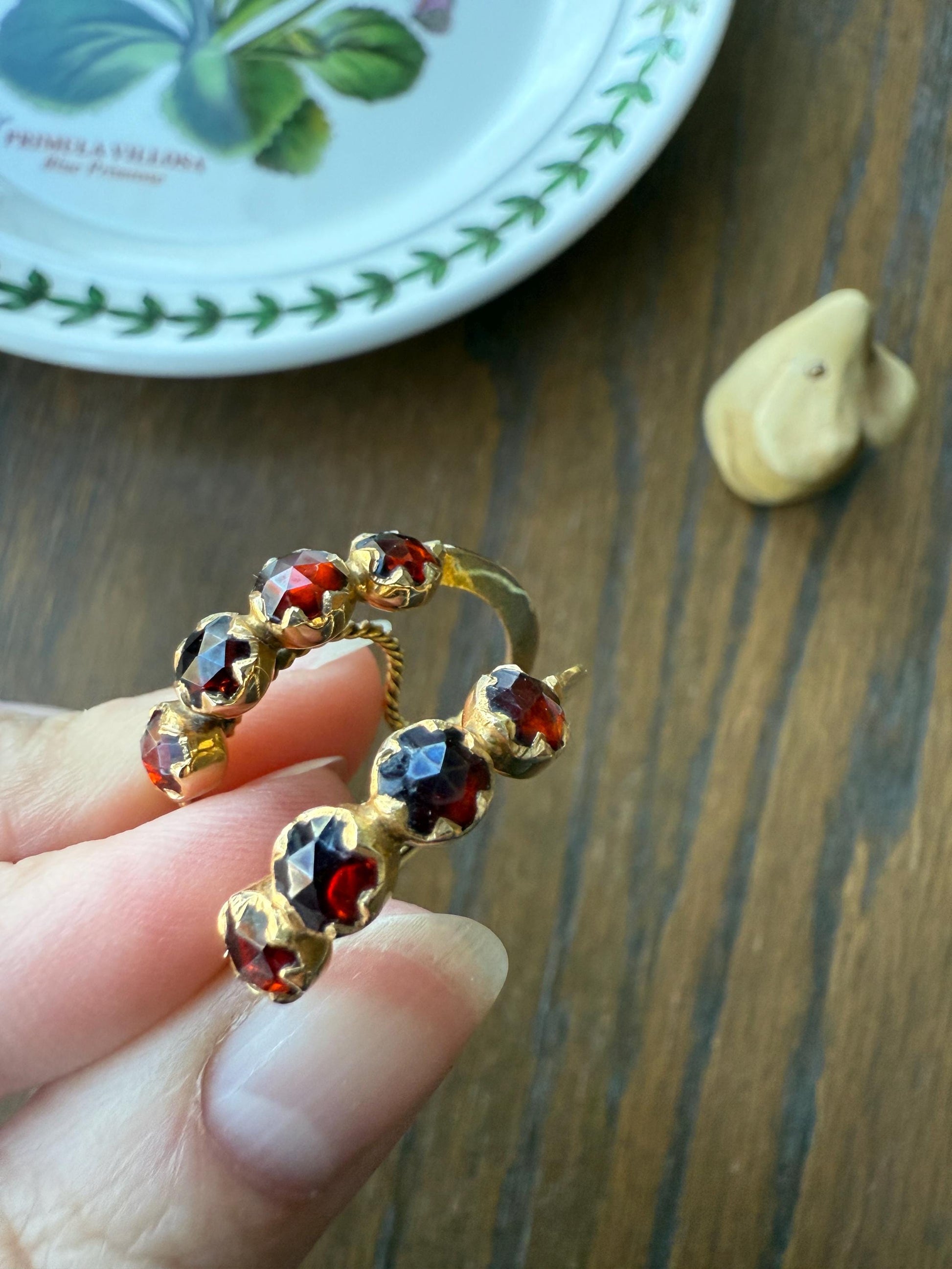 Vintage Rose Cut Perpignan GARNET Poissarde Hoop EARRINGS 18k Gold French Belle Epoque Foiled Domed Back Crimson Red