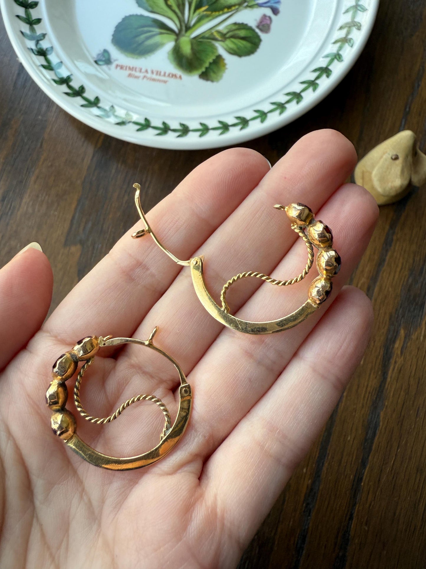 Vintage Rose Cut Perpignan GARNET Poissarde Hoop EARRINGS 18k Gold French Belle Epoque Foiled Domed Back Crimson Red