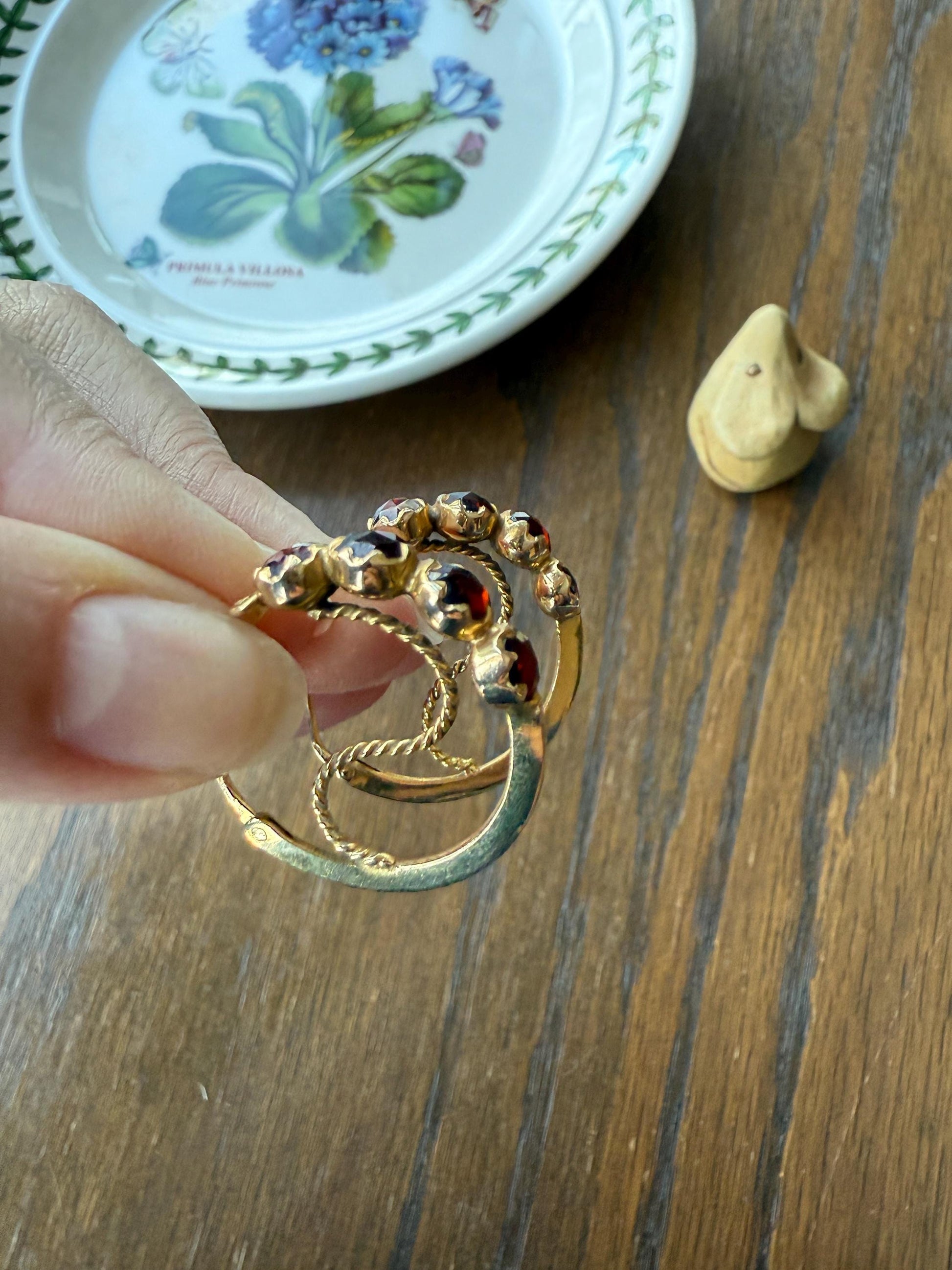 Vintage Rose Cut Perpignan GARNET Poissarde Hoop EARRINGS 18k Gold French Belle Epoque Foiled Domed Back Crimson Red