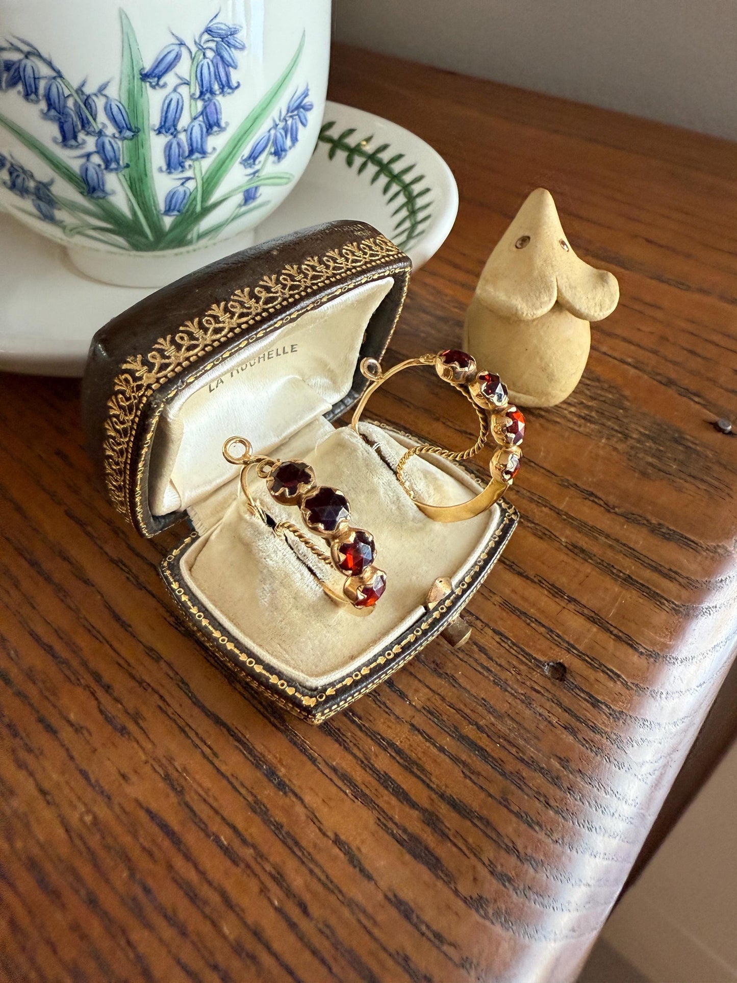 Vintage Rose Cut Perpignan GARNET Poissarde Hoop EARRINGS 18k Gold French Belle Epoque Foiled Domed Back Crimson Red