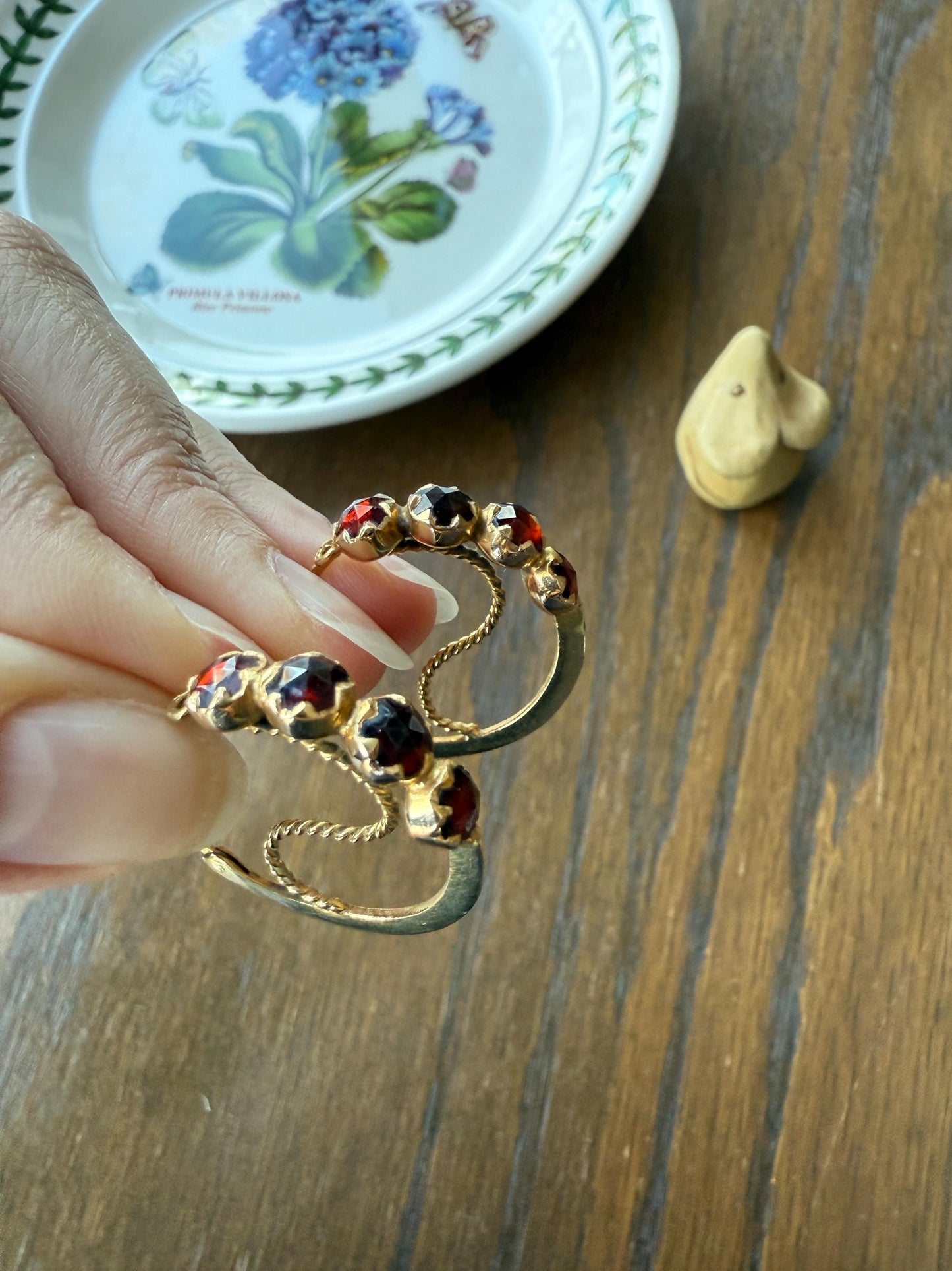 Vintage Rose Cut Perpignan GARNET Poissarde Hoop EARRINGS 18k Gold French Belle Epoque Foiled Domed Back Crimson Red