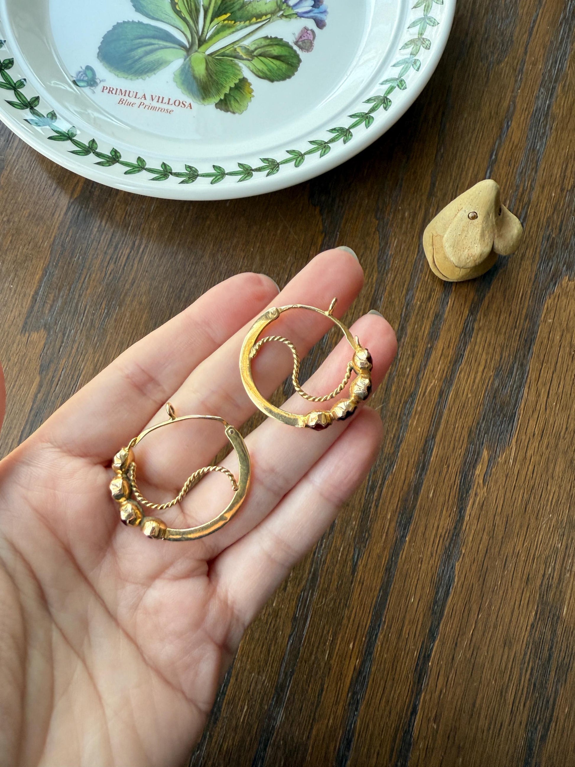 Vintage Rose Cut Perpignan GARNET Poissarde Hoop EARRINGS 18k Gold French Belle Epoque Foiled Domed Back Crimson Red