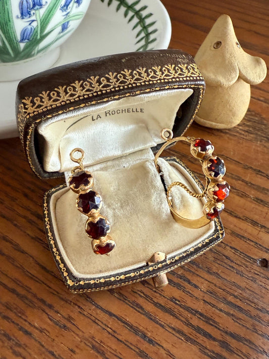 Vintage Rose Cut Perpignan GARNET Poissarde Hoop EARRINGS 18k Gold French Belle Epoque Foiled Domed Back Crimson Red