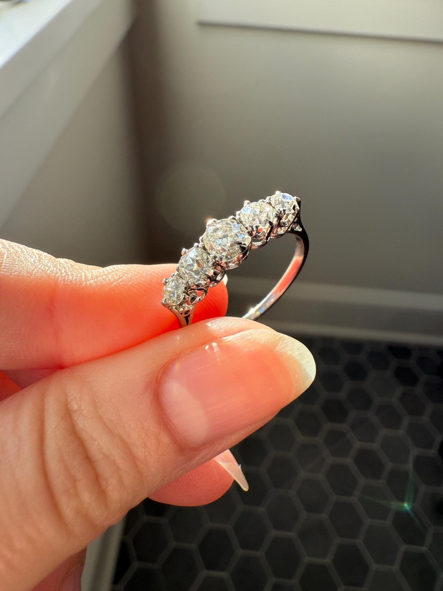 Antique 1.25 Carat Old Mine Cut DIAMOND Five Stone Band Stacker Ring Platinum Wedding Prong Set Stacker Victorian Edwardian