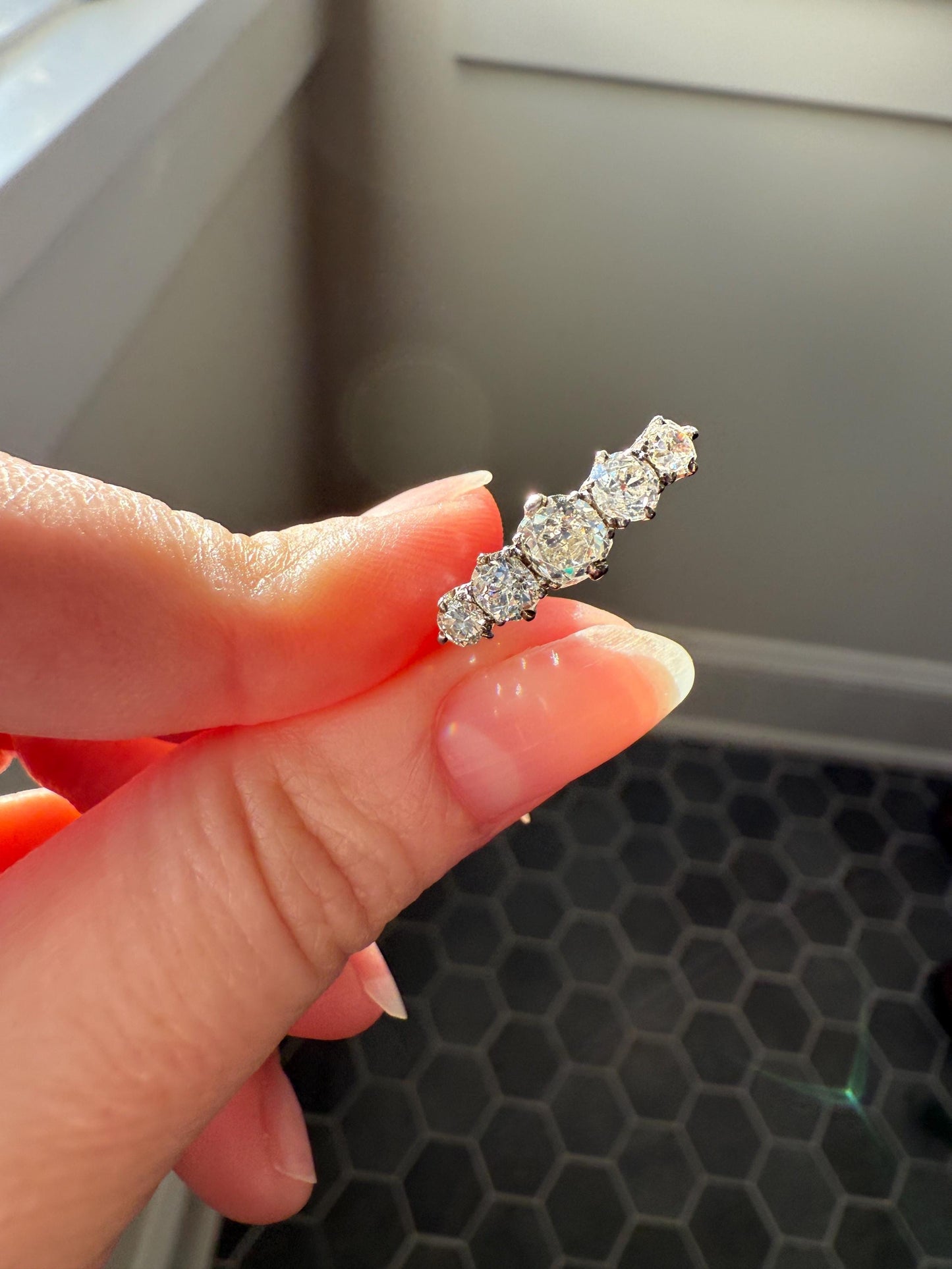 Antique 1.25 Carat Old Mine Cut DIAMOND Five Stone Band Stacker Ring Platinum Wedding Prong Set Stacker Victorian Edwardian