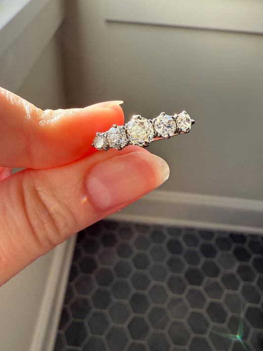 Antique 1.25 Carat Old Mine Cut DIAMOND Five Stone Band Stacker Ring Platinum Wedding Prong Set Stacker Victorian Edwardian