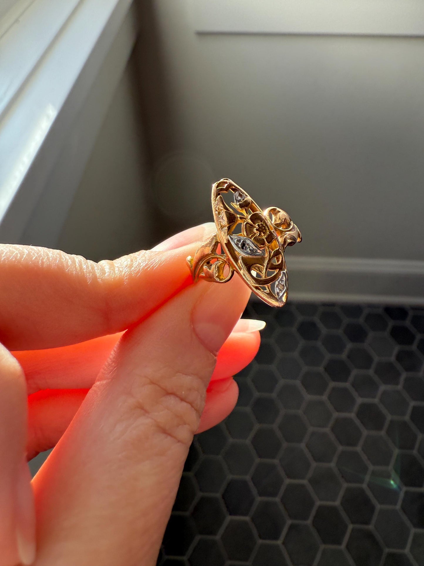 FRENCH Antique FLORAL Navette Ring 18k Rose Gold Art Nouveau Victorian Rose Cut DIAMONDs Belle Epoque Romantic Gift Stacker