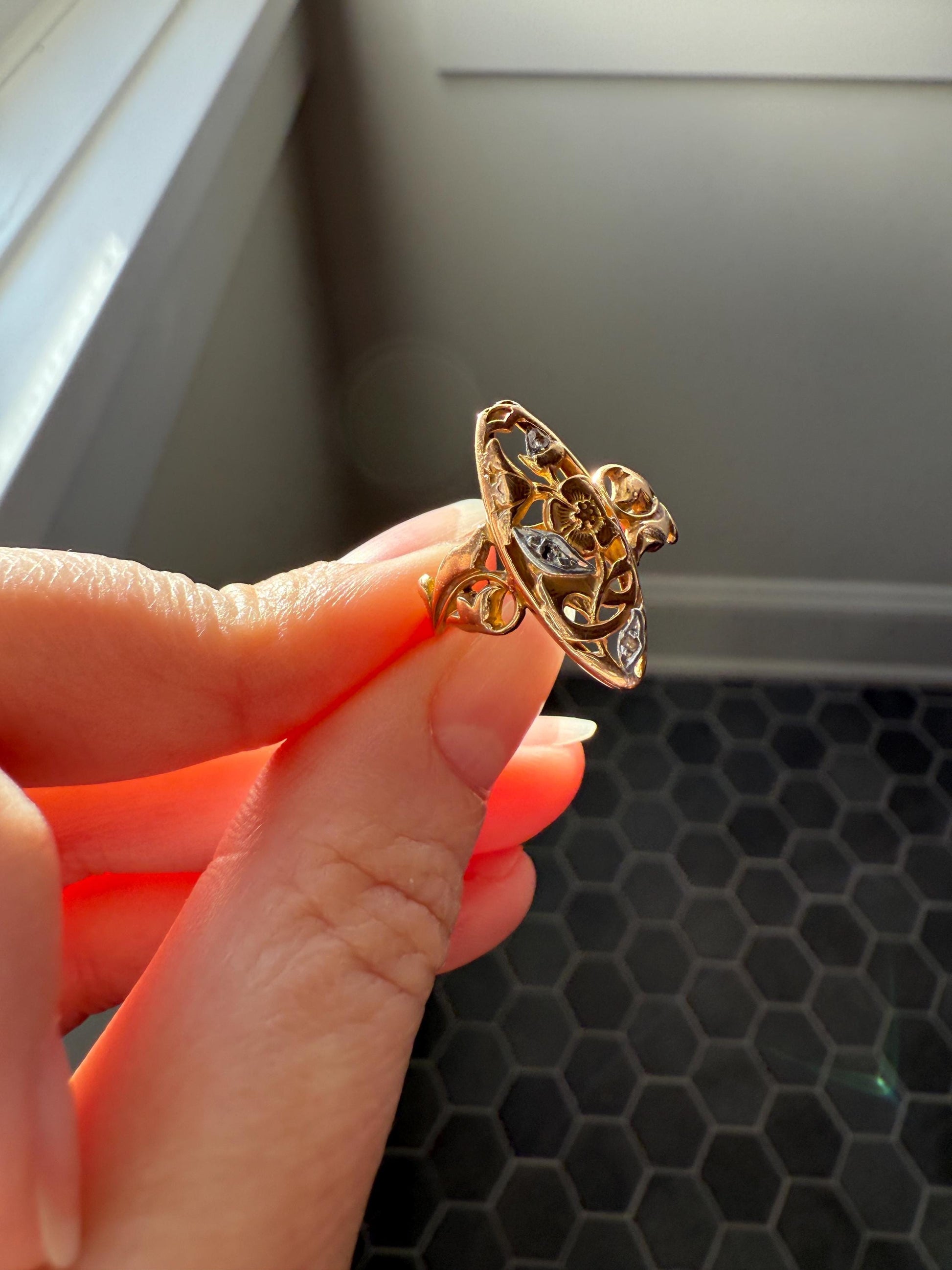 FRENCH Antique FLORAL Navette Ring 18k Rose Gold Art Nouveau Victorian Rose Cut DIAMONDs Belle Epoque Romantic Gift Stacker