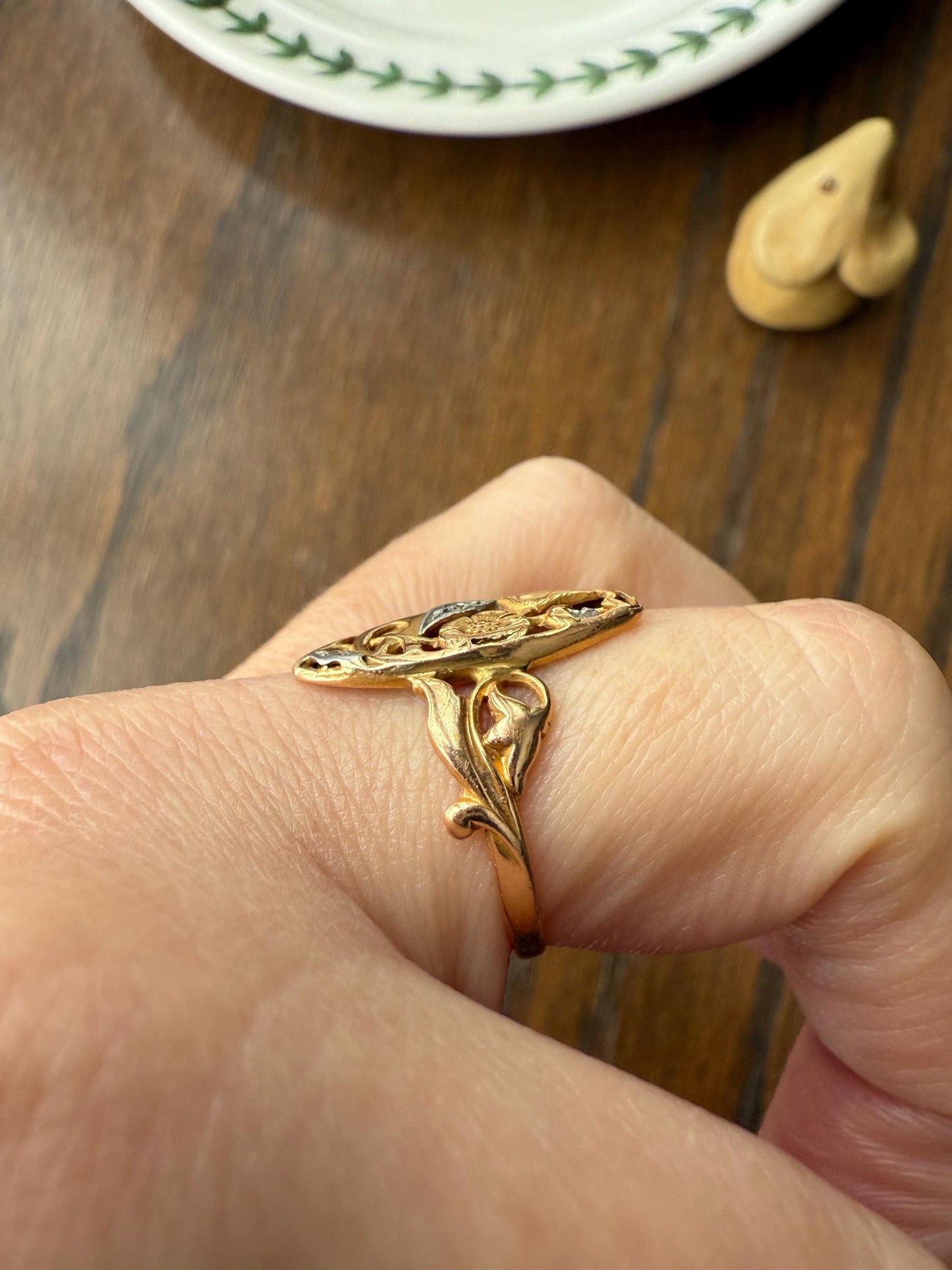 FRENCH Antique FLORAL Navette Ring 18k Rose Gold Art Nouveau Victorian Rose Cut DIAMONDs Belle Epoque Romantic Gift Stacker