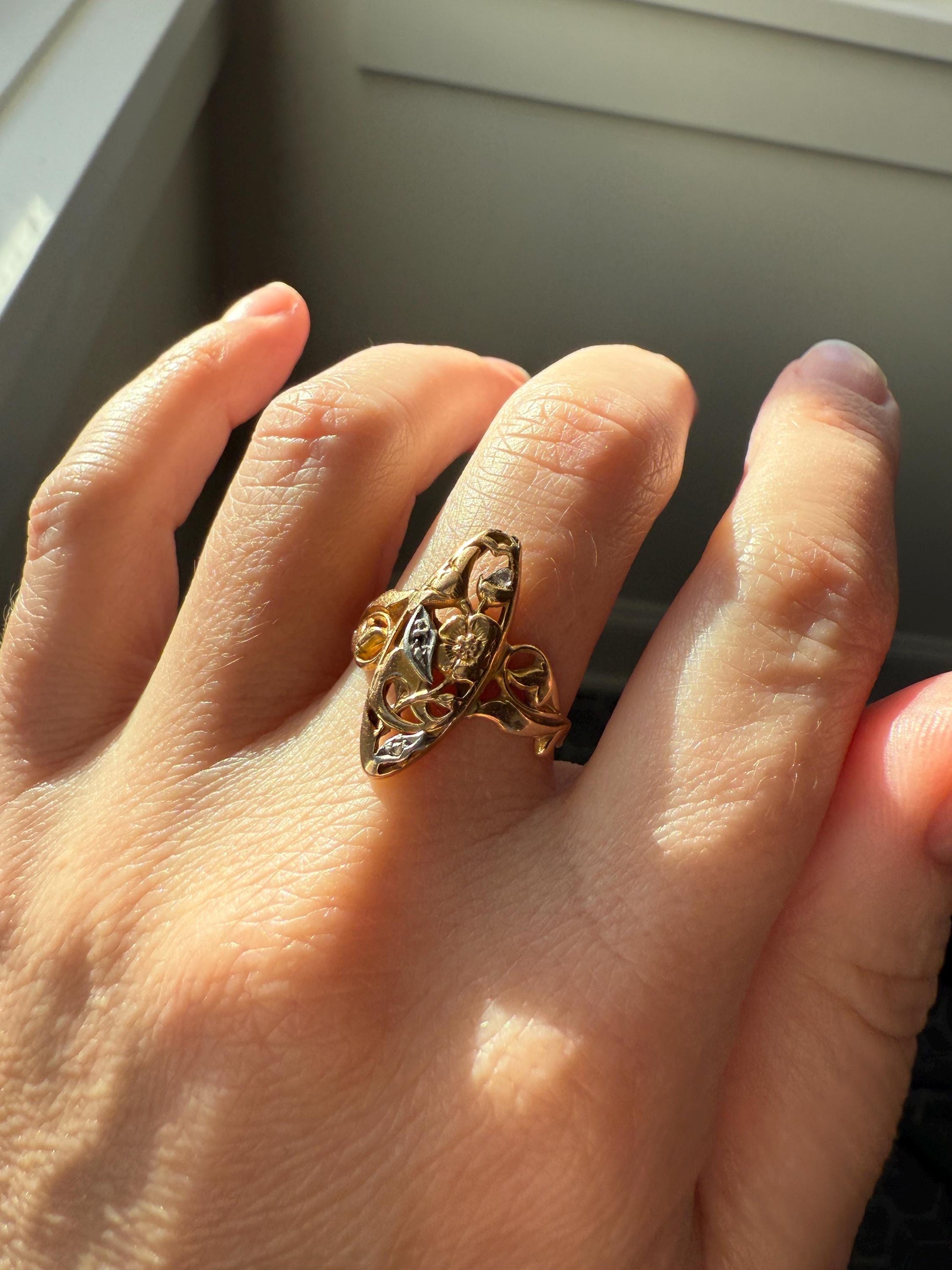 FRENCH Antique FLORAL Navette Ring 18k Rose Gold Art Nouveau Victorian Rose Cut DIAMONDs Belle Epoque Romantic Gift Stacker