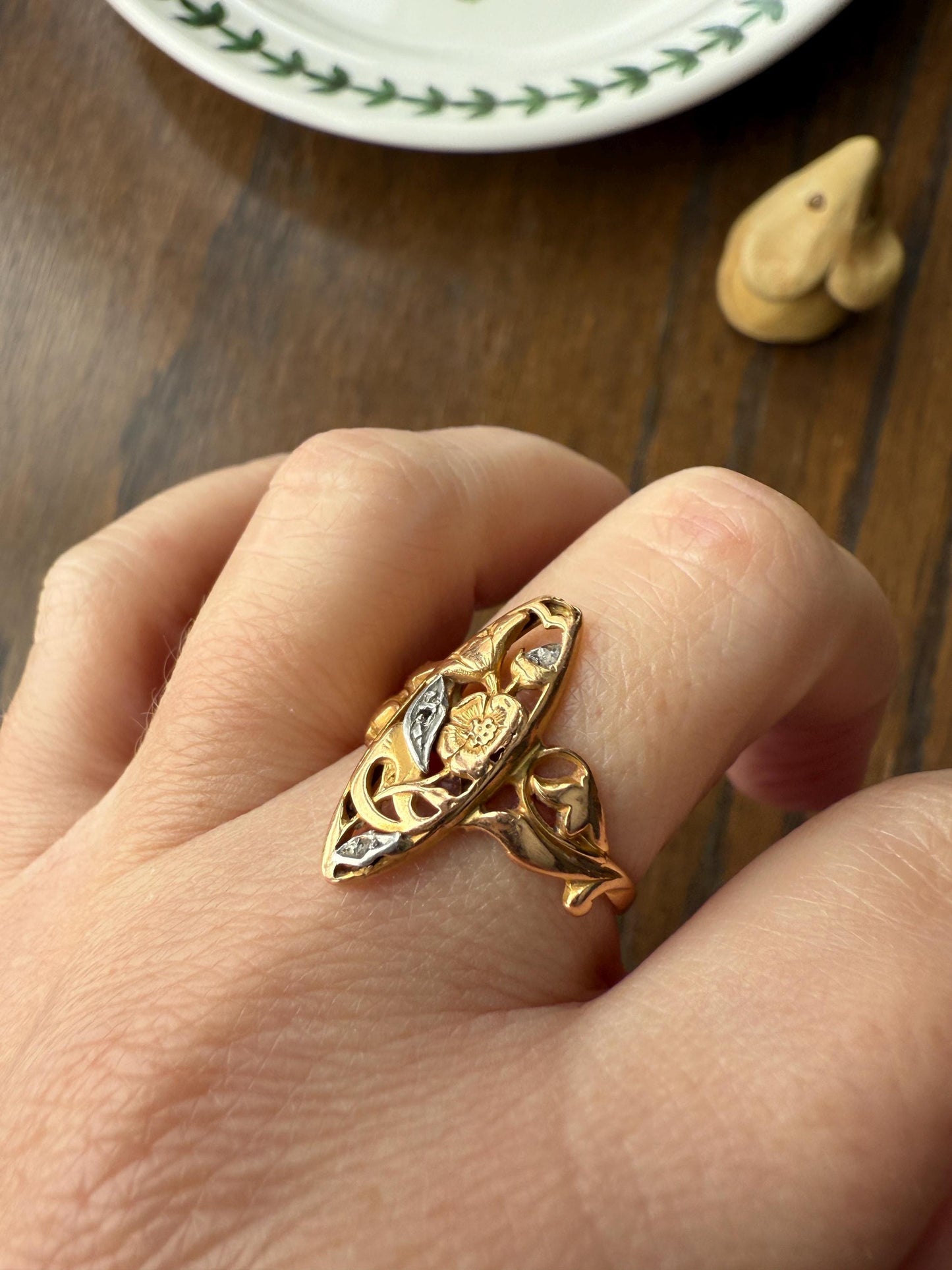 FRENCH Antique FLORAL Navette Ring 18k Rose Gold Art Nouveau Victorian Rose Cut DIAMONDs Belle Epoque Romantic Gift Stacker