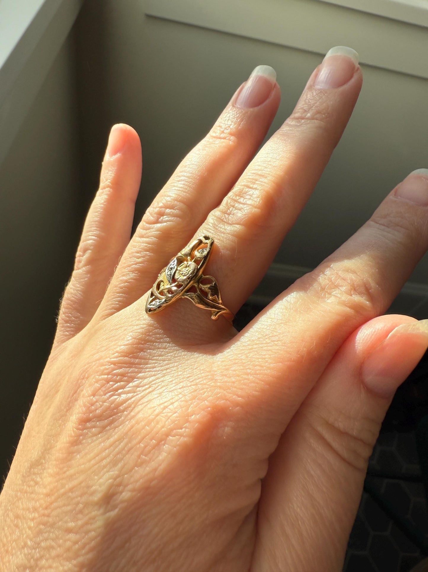 FRENCH Antique FLORAL Navette Ring 18k Rose Gold Art Nouveau Victorian Rose Cut DIAMONDs Belle Epoque Romantic Gift Stacker