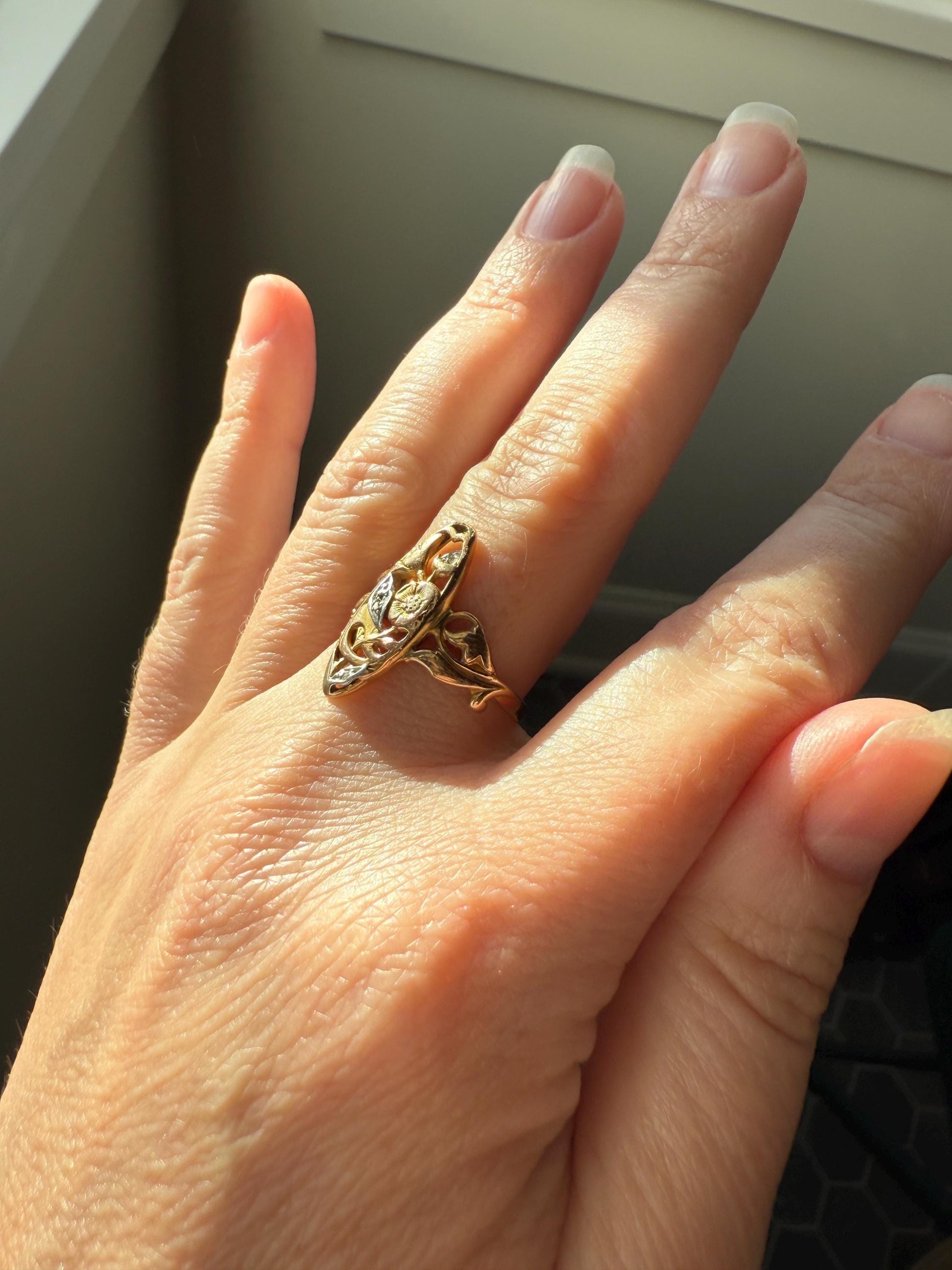 FRENCH Antique FLORAL Navette Ring 18k Rose Gold Art Nouveau Victorian Rose Cut DIAMONDs Belle Epoque Romantic Gift Stacker