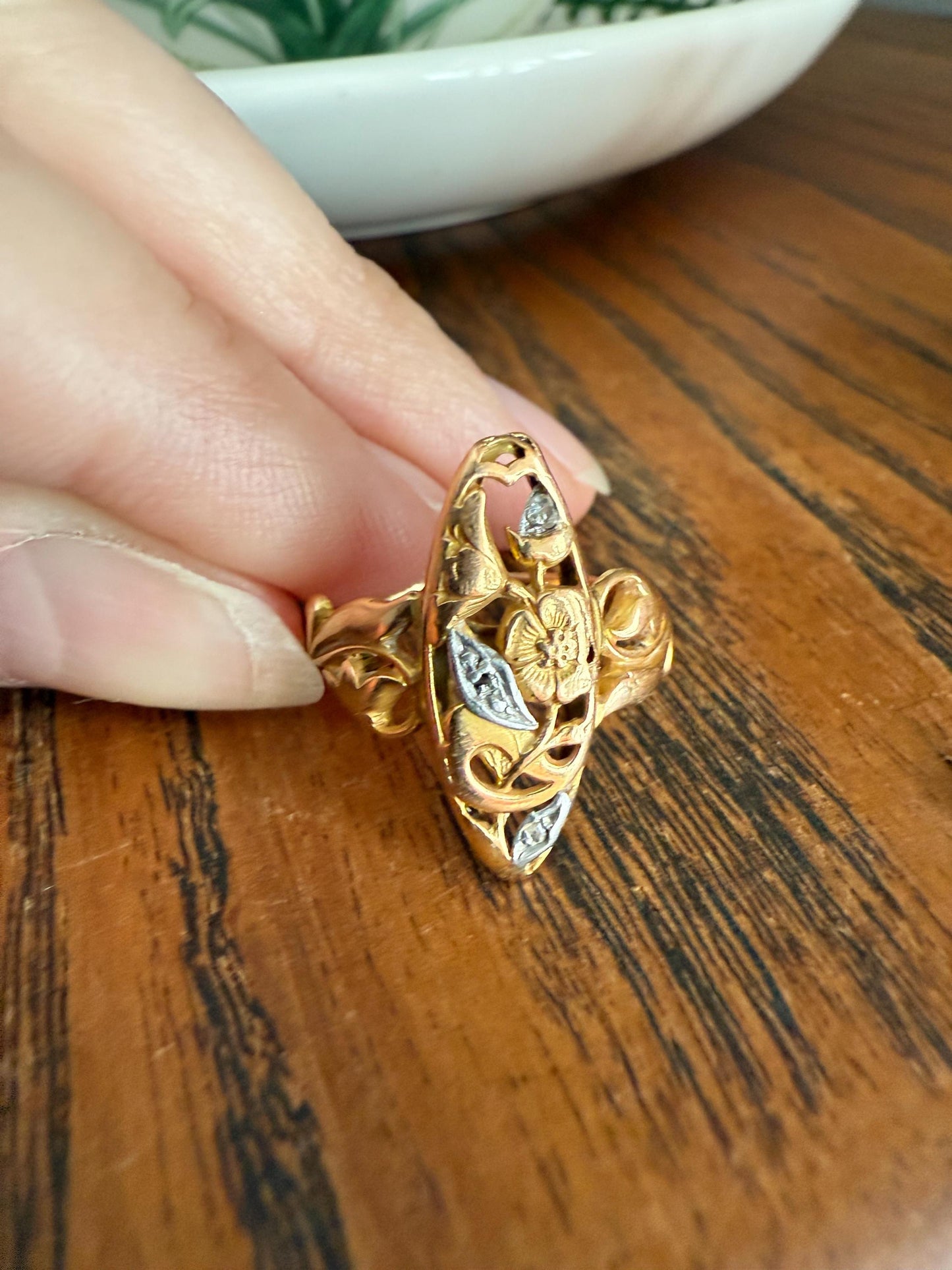 FRENCH Antique FLORAL Navette Ring 18k Rose Gold Art Nouveau Victorian Rose Cut DIAMONDs Belle Epoque Romantic Gift Stacker