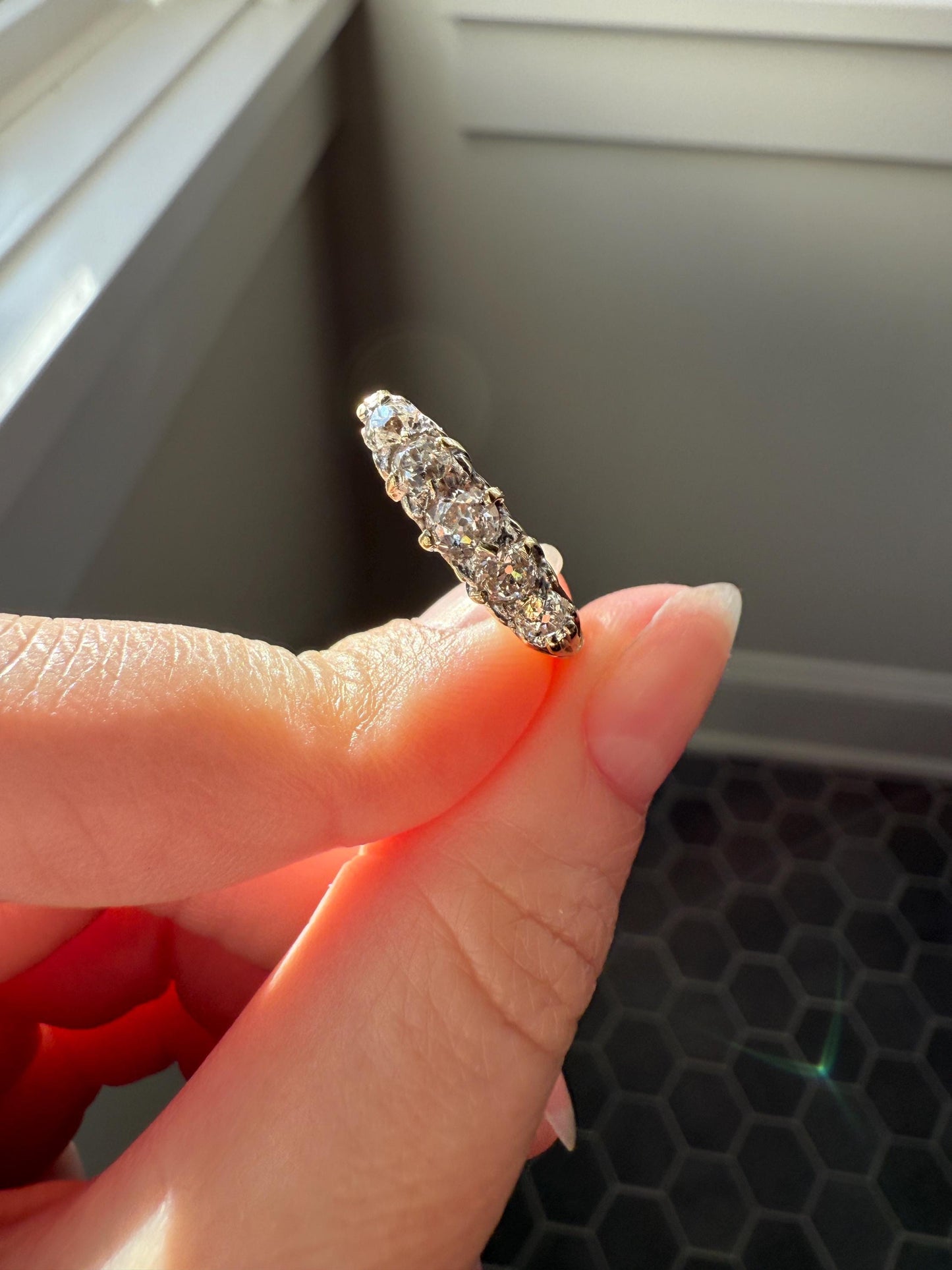 Antique Old Mine Cut DIAMOND One Carat Five Stone Skinny Band Ring 18k Gold Scrolled Victorian Stacker Wedding OMC
