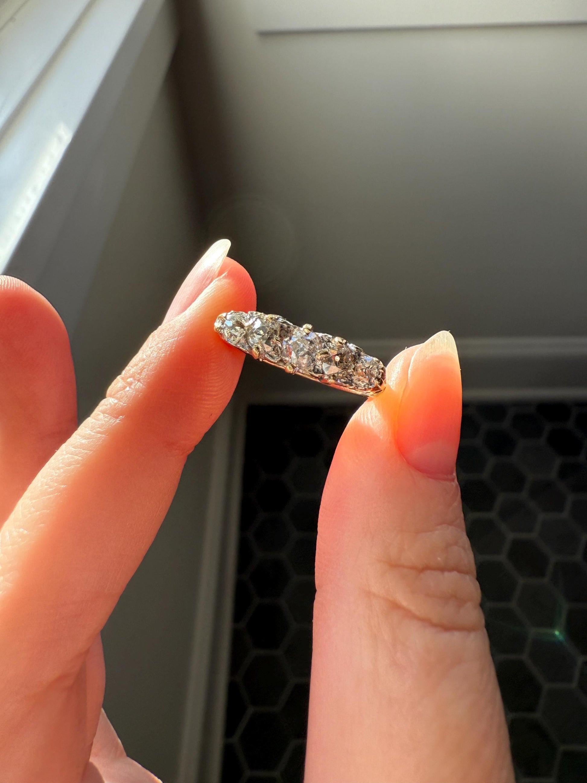 Antique Old Mine Cut DIAMOND One Carat Five Stone Skinny Band Ring 18k Gold Scrolled Victorian Stacker Wedding OMC