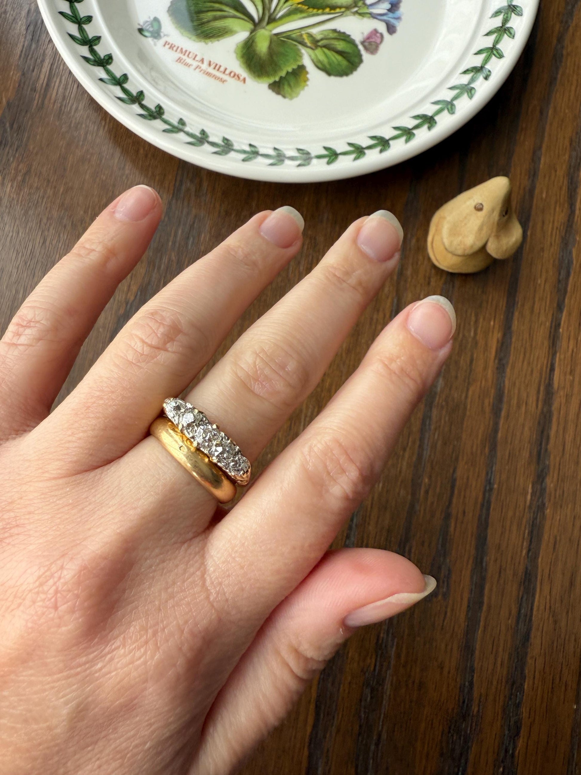 Antique Old Mine Cut DIAMOND One Carat Five Stone Skinny Band Ring 18k Gold Scrolled Victorian Stacker Wedding OMC
