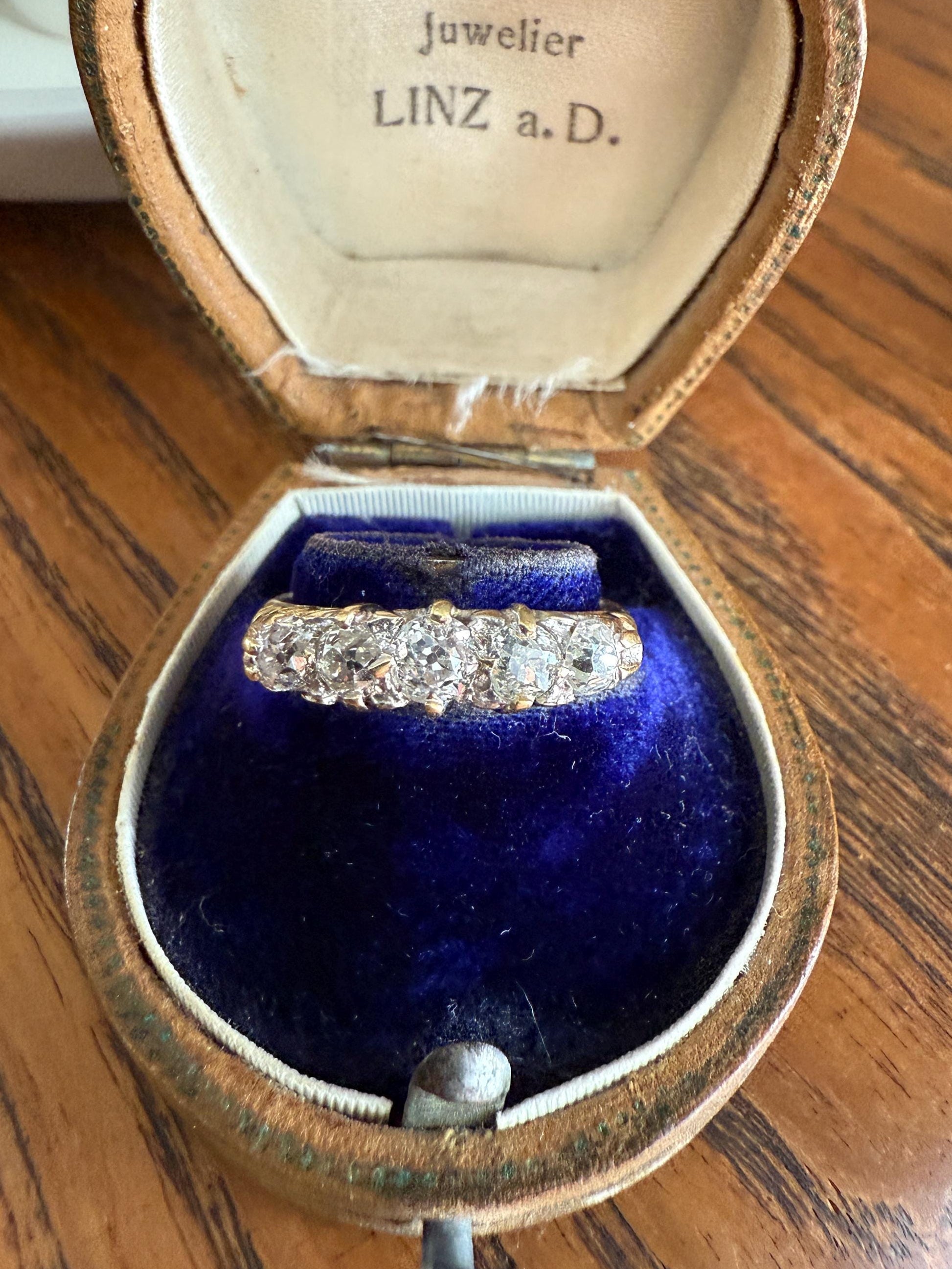 Antique Old Mine Cut DIAMOND One Carat Five Stone Skinny Band Ring 18k Gold Scrolled Victorian Stacker Wedding OMC