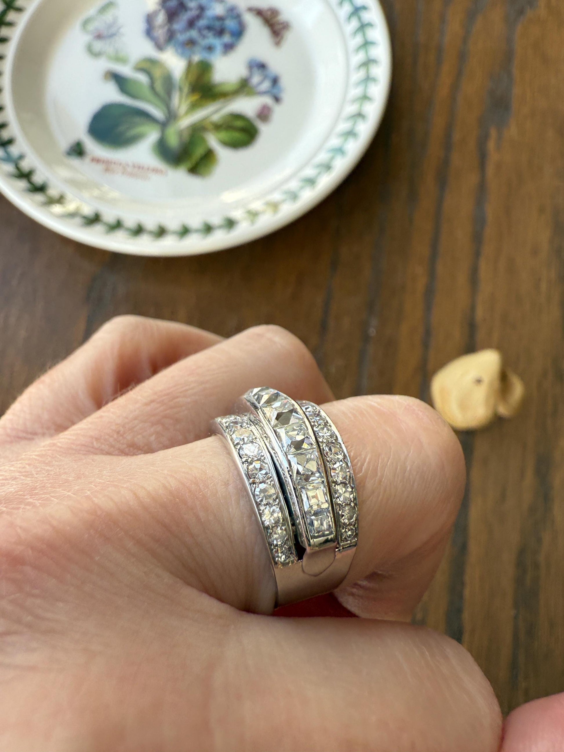 Chunky Vintage 2.3 Carat Old French Cut & Single Cut DIAMOND Triple Row Stepped Wide Band in Platinum Art Deco with Older Stones