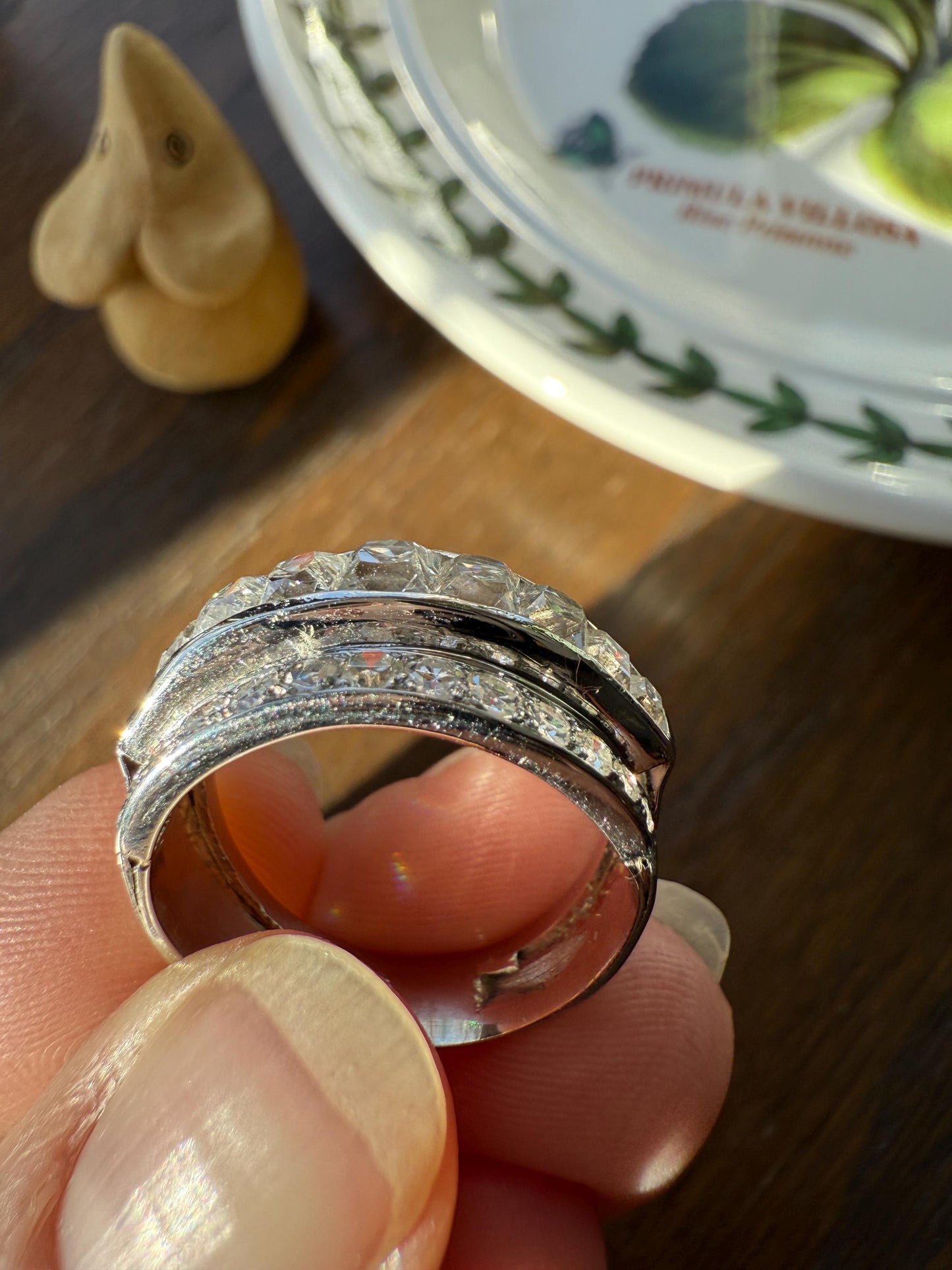 Chunky Vintage 2.3 Carat Old French Cut & Single Cut DIAMOND Triple Row Stepped Wide Band in Platinum Art Deco with Older Stones