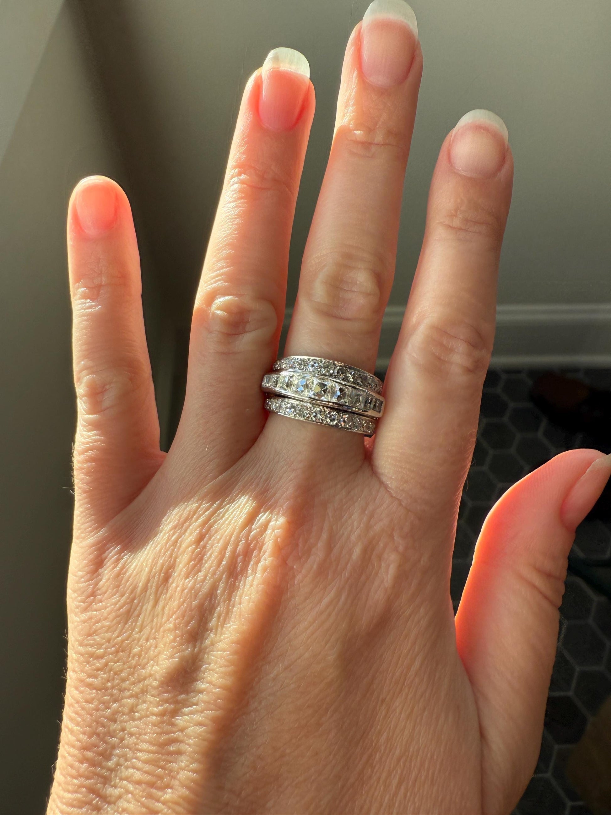 Chunky Vintage 2.3 Carat Old French Cut & Single Cut DIAMOND Triple Row Stepped Wide Band in Platinum Art Deco with Older Stones