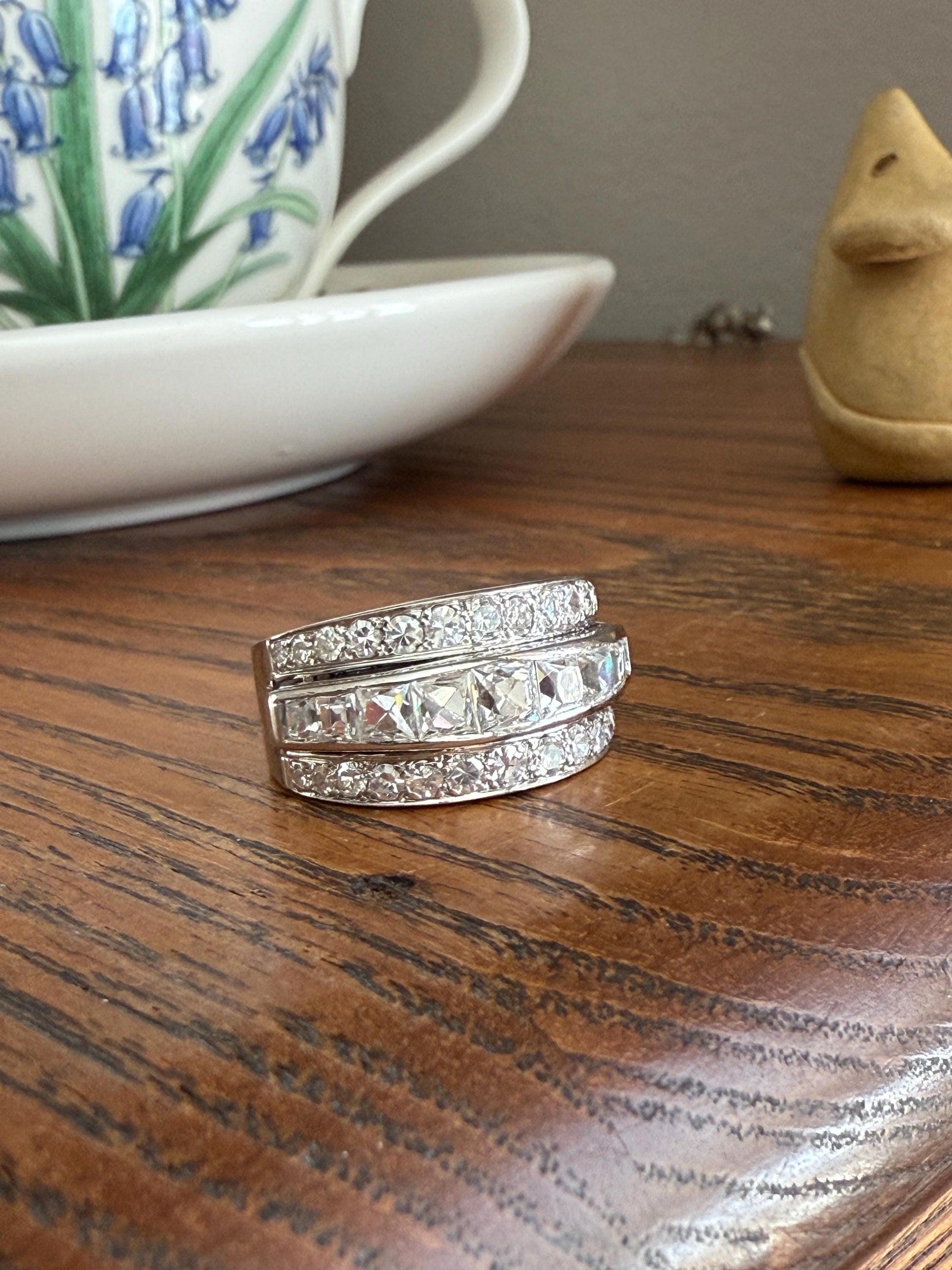 Chunky Vintage 2.3 Carat Old French Cut & Single Cut DIAMOND Triple Row Stepped Wide Band in Platinum Art Deco with Older Stones