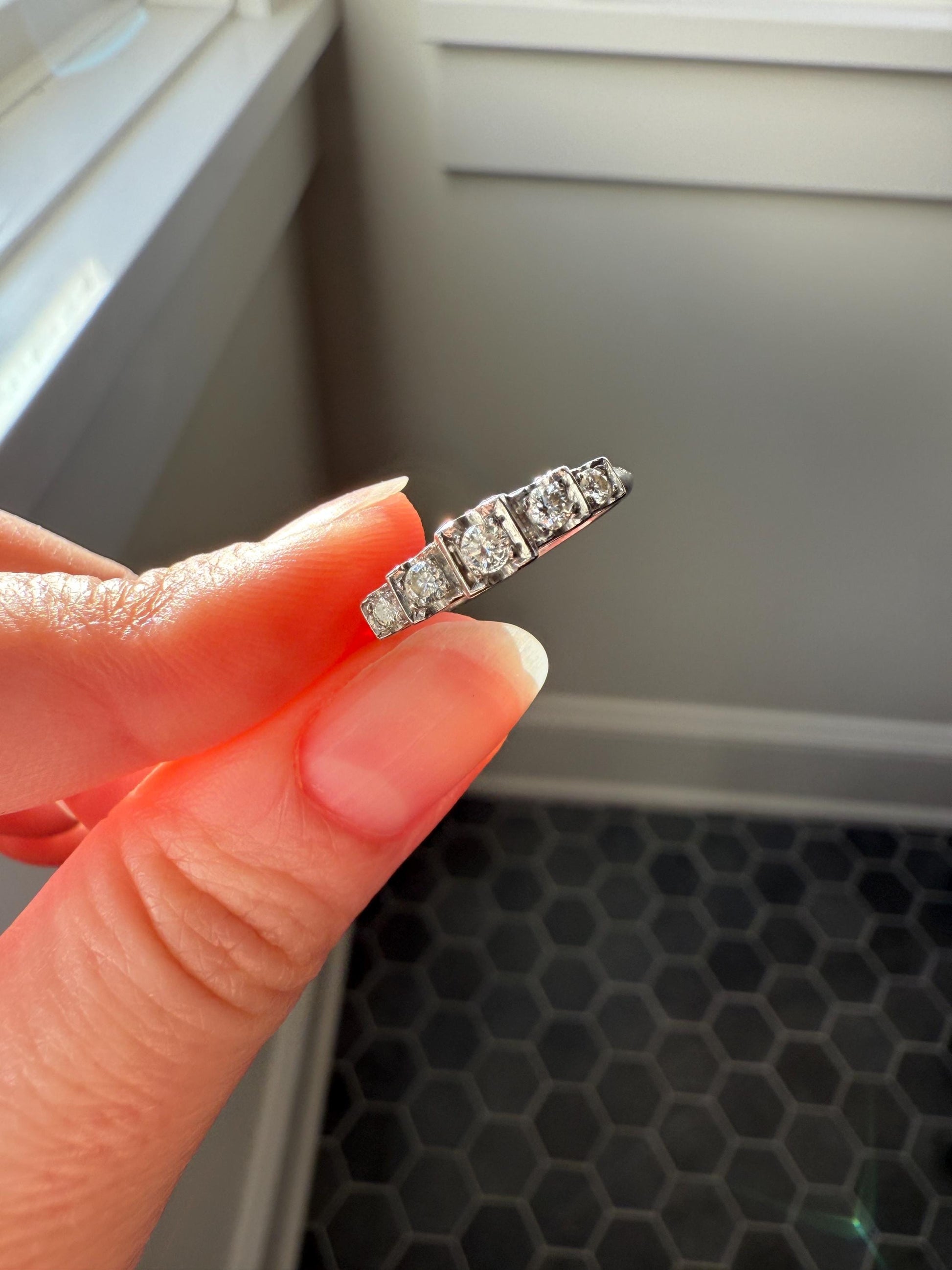 Vintage Five Stone .85 Carat Older Brilliant Cut DIAMOND Ring Stepped Squares Platinum Stacker Art Deco Geometric Band Tall Splay