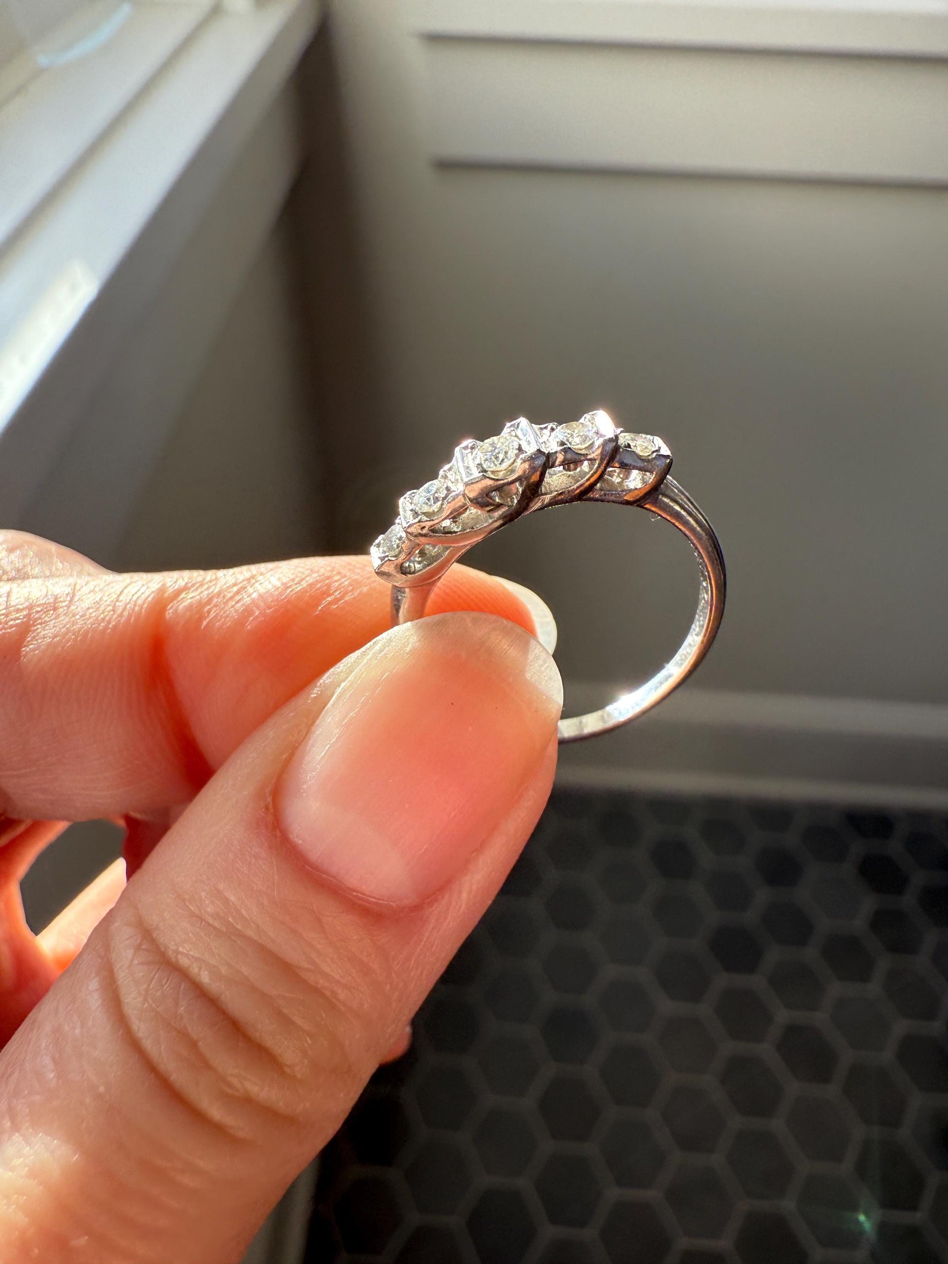 Vintage Five Stone .85 Carat Older Brilliant Cut DIAMOND Ring Stepped Squares Platinum Stacker Art Deco Geometric Band Tall Splay