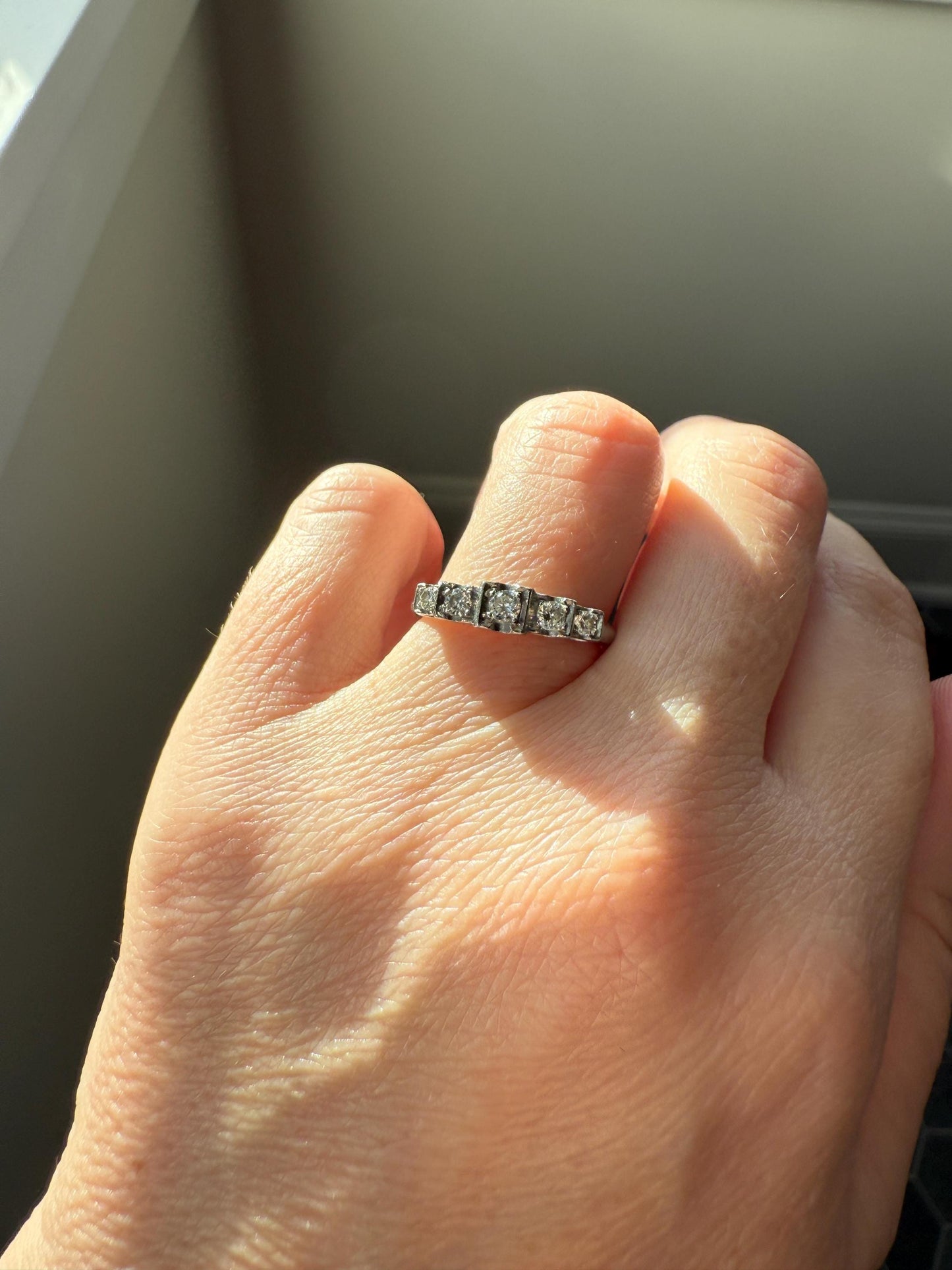 Vintage Five Stone .85 Carat Older Brilliant Cut DIAMOND Ring Stepped Squares Platinum Stacker Art Deco Geometric Band Tall Splay