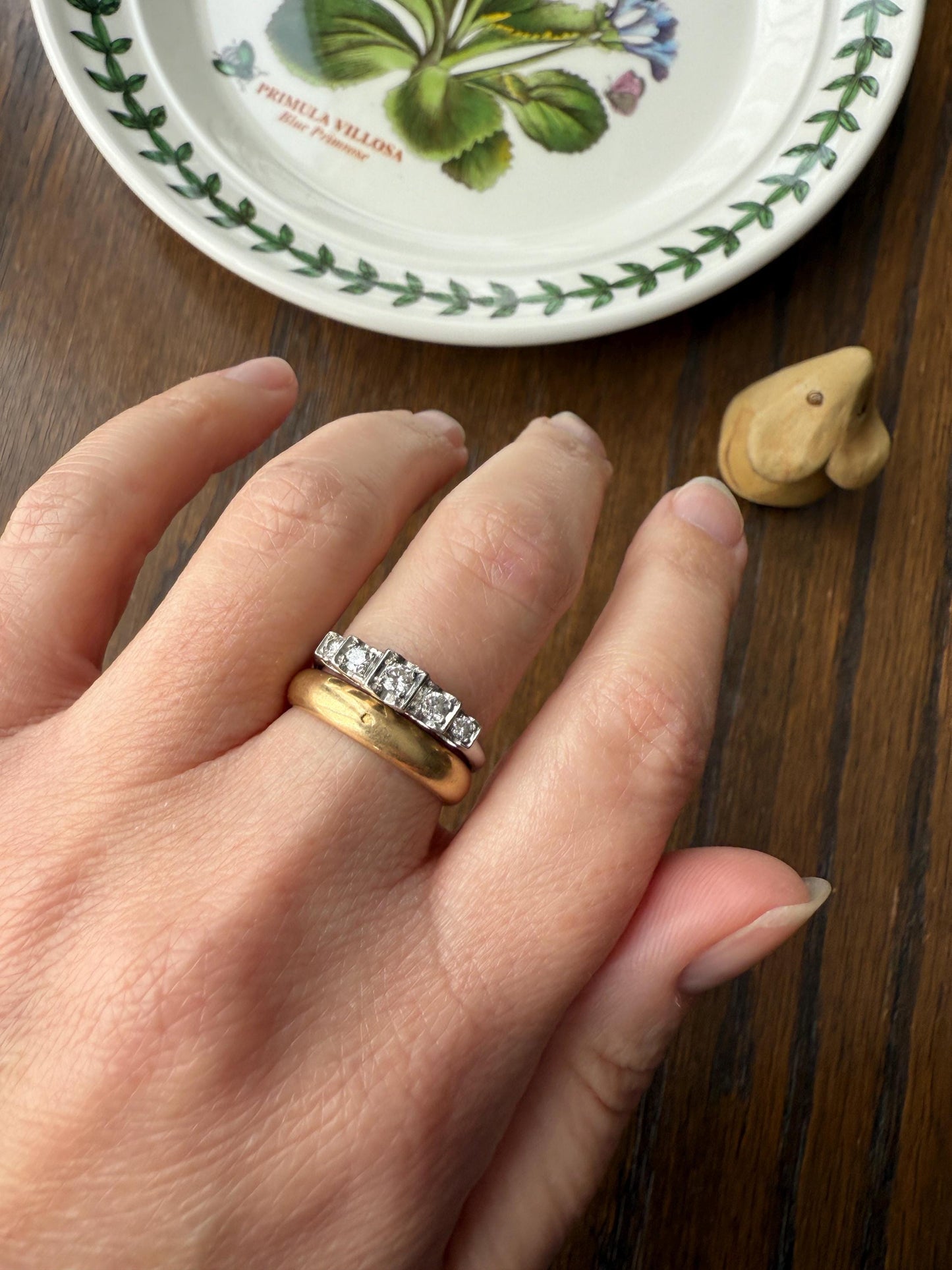 Vintage Five Stone .85 Carat Older Brilliant Cut DIAMOND Ring Stepped Squares Platinum Stacker Art Deco Geometric Band Tall Splay