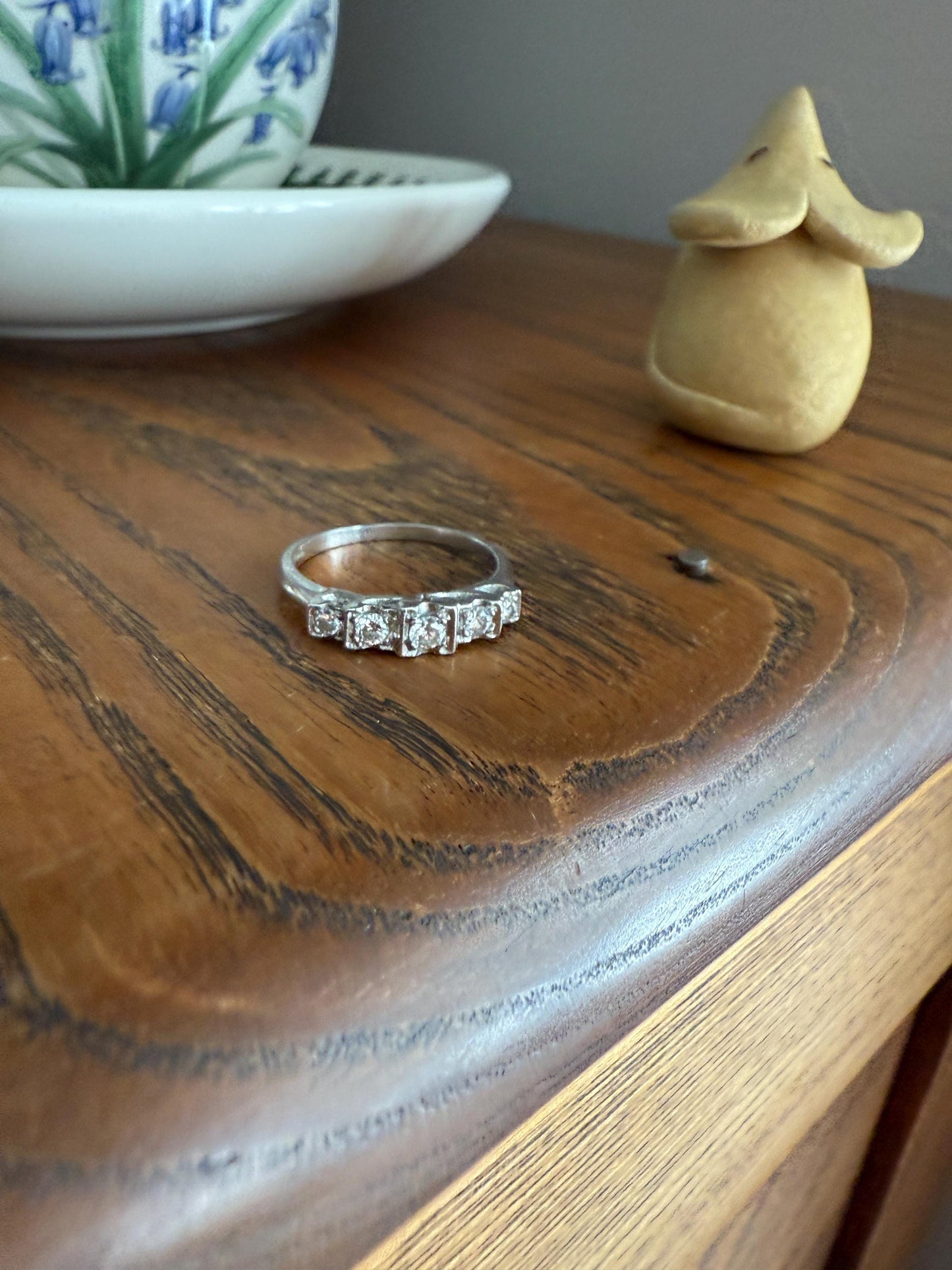 Vintage Five Stone .85 Carat Older Brilliant Cut DIAMOND Ring Stepped Squares Platinum Stacker Art Deco Geometric Band Tall Splay