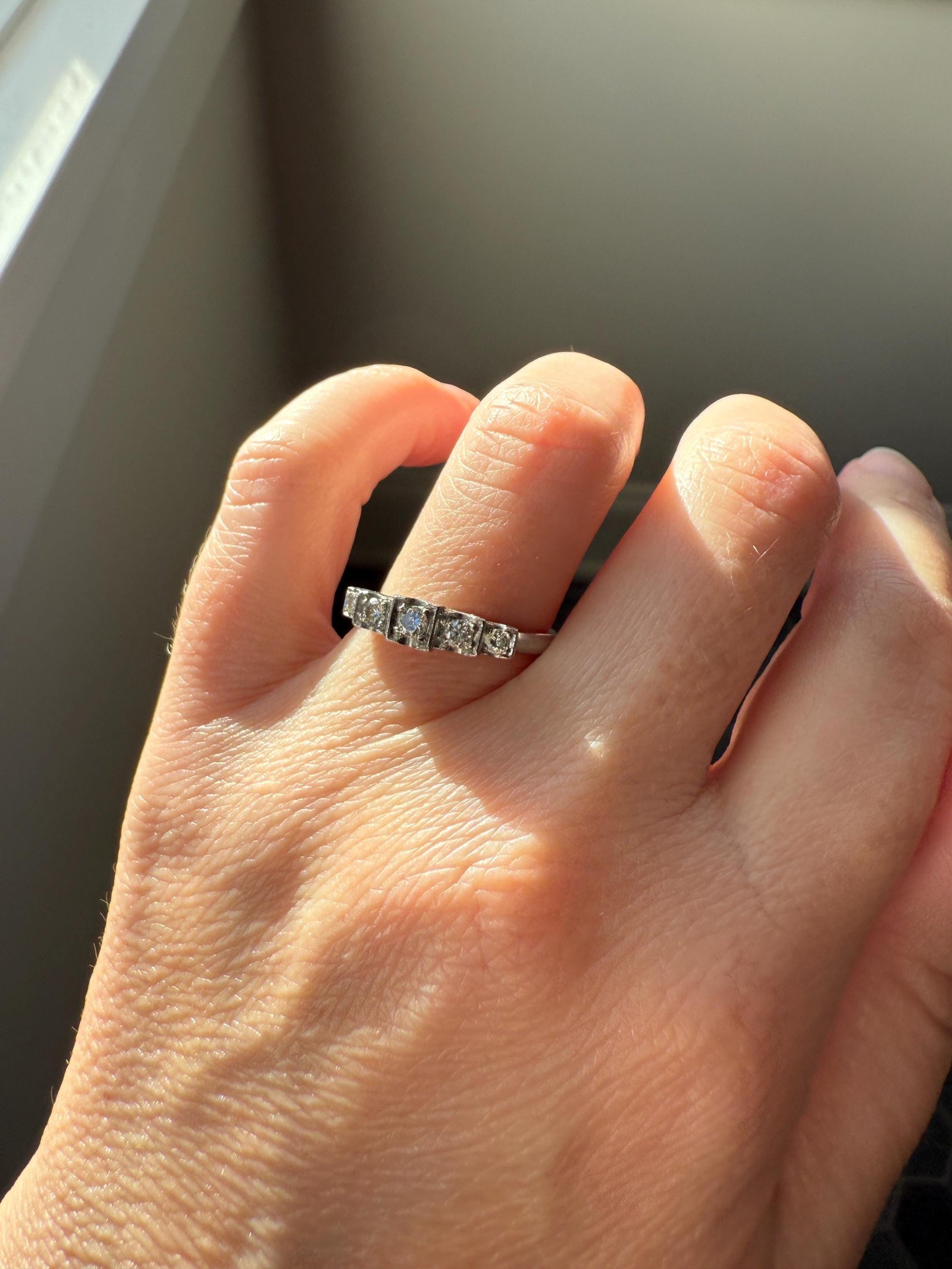 Vintage Five Stone .85 Carat Older Brilliant Cut DIAMOND Ring Stepped Squares Platinum Stacker Art Deco Geometric Band Tall Splay