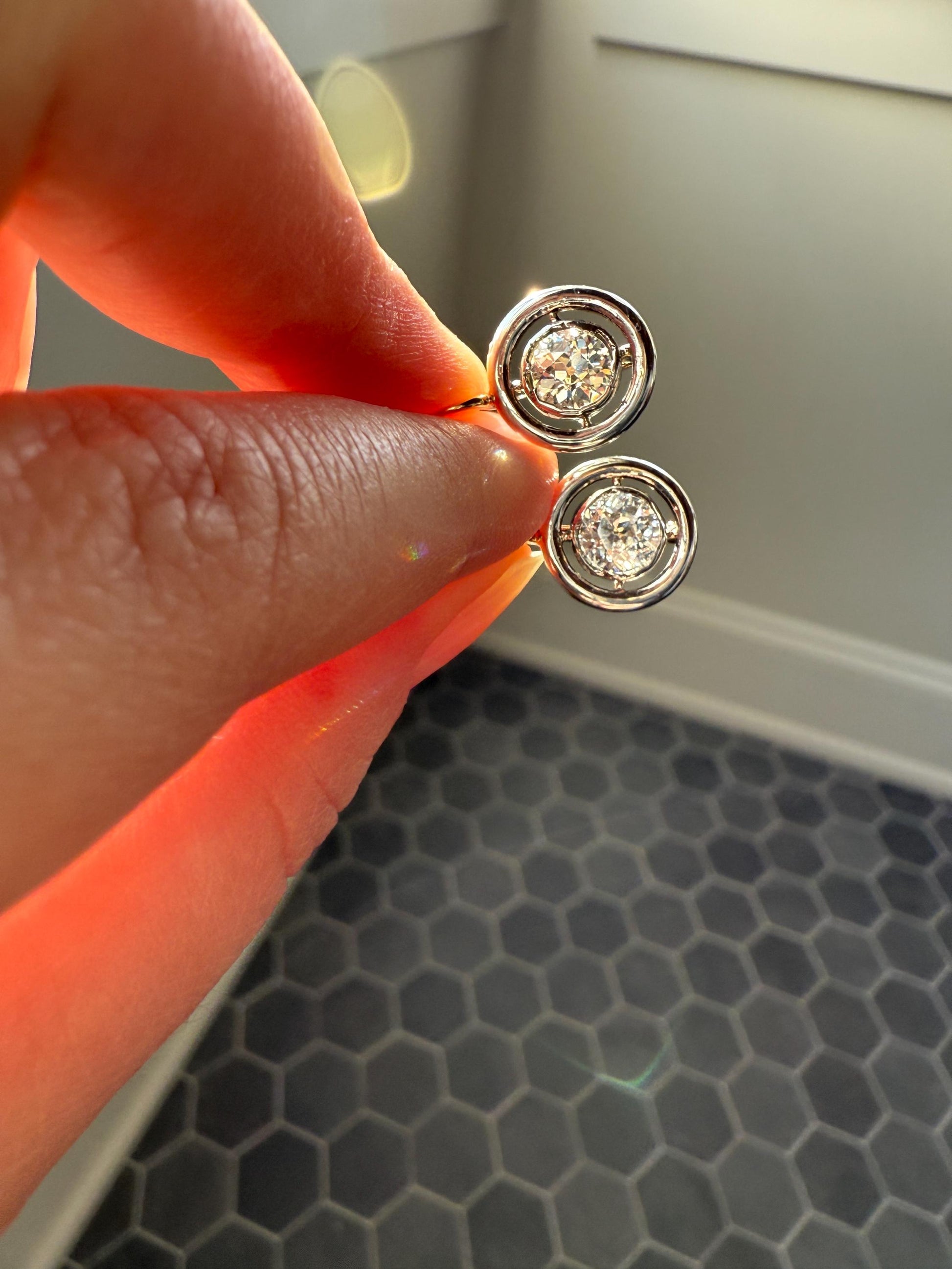 Boxed Antique Eye Clean 1.85 Carat Old Mine Cut DIAMOND Dormeuse Earrings Bezel Set in Circle Halo 17k Gold Silver Dangle Bullseye Gift 18k