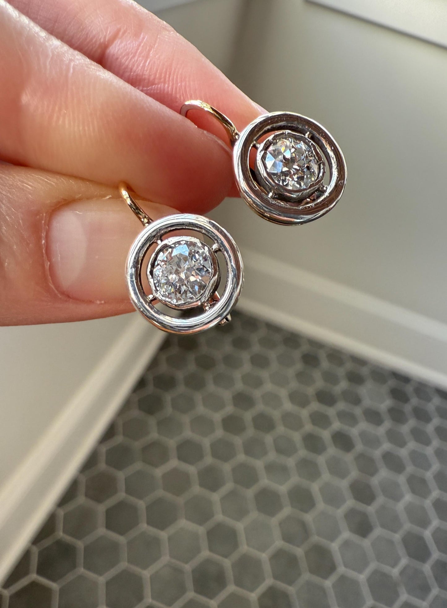 Boxed Antique Eye Clean 1.85 Carat Old Mine Cut DIAMOND Dormeuse Earrings Bezel Set in Circle Halo 17k Gold Silver Dangle Bullseye Gift 18k