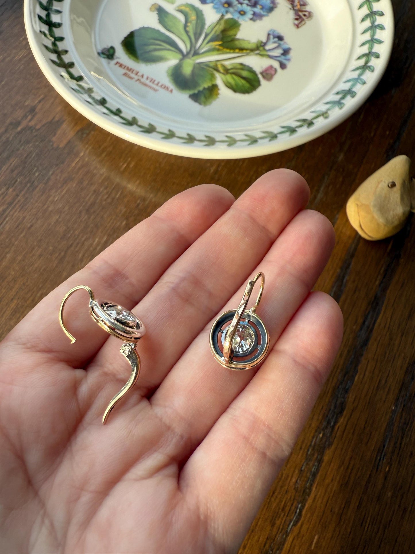 Boxed Antique Eye Clean 1.85 Carat Old Mine Cut DIAMOND Dormeuse Earrings Bezel Set in Circle Halo 17k Gold Silver Dangle Bullseye Gift 18k