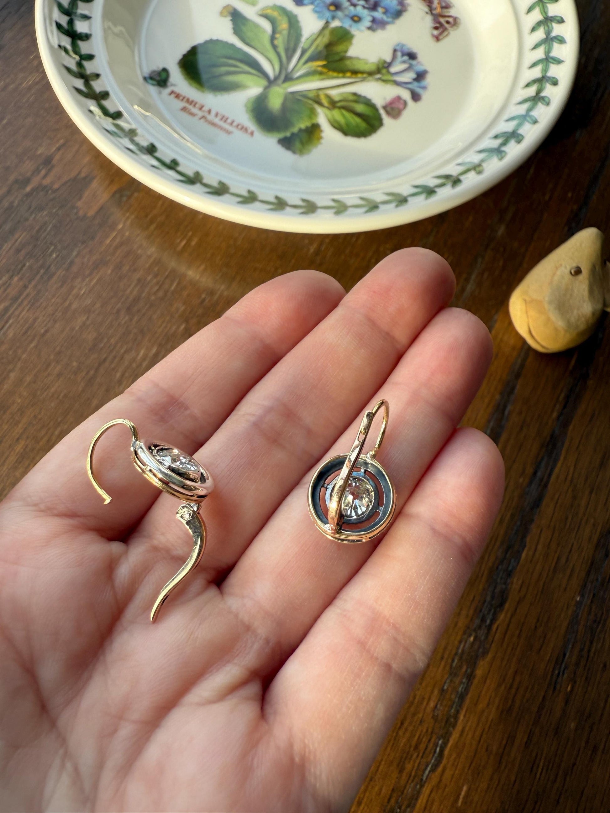 Boxed Antique Eye Clean 1.85 Carat Old Mine Cut DIAMOND Dormeuse Earrings Bezel Set in Circle Halo 17k Gold Silver Dangle Bullseye Gift 18k