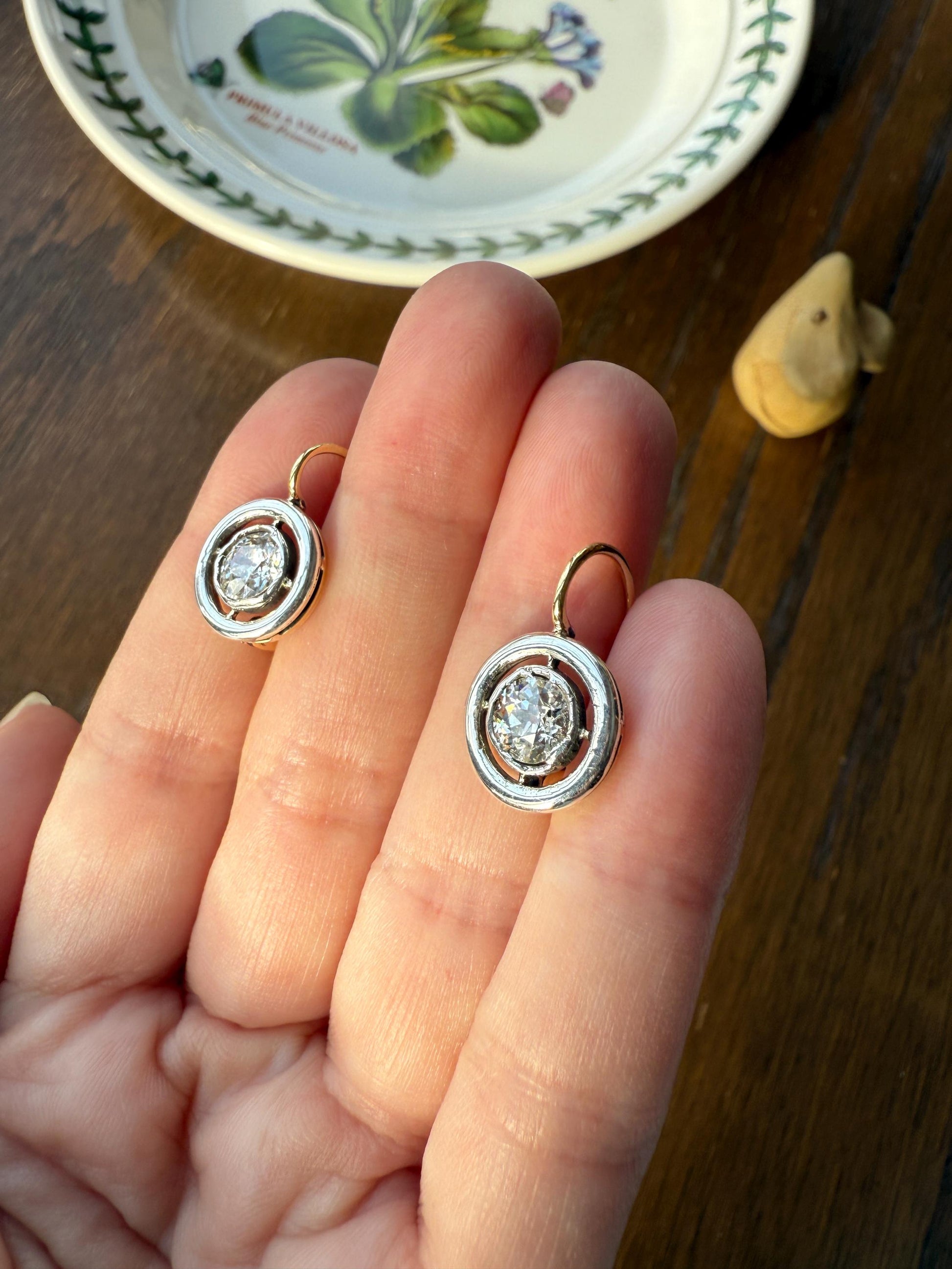 Boxed Antique Eye Clean 1.85 Carat Old Mine Cut DIAMOND Dormeuse Earrings Bezel Set in Circle Halo 17k Gold Silver Dangle Bullseye Gift 18k