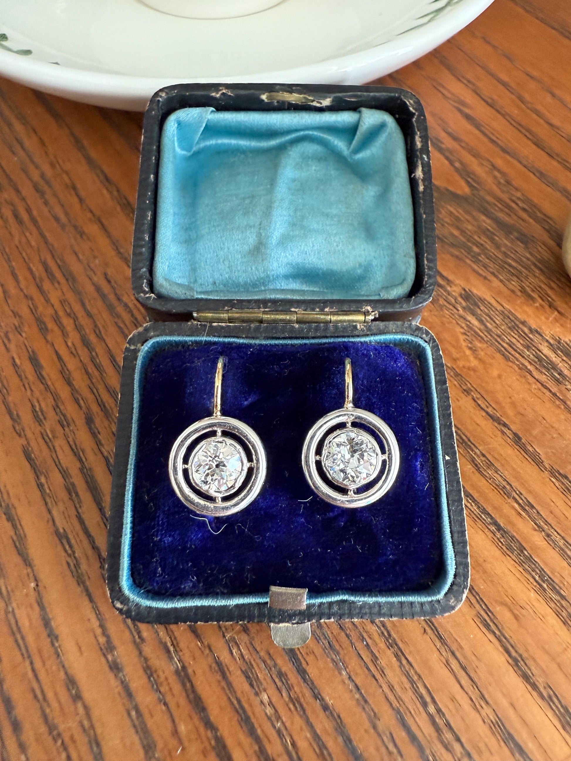 Boxed Antique Eye Clean 1.85 Carat Old Mine Cut DIAMOND Dormeuse Earrings Bezel Set in Circle Halo 17k Gold Silver Dangle Bullseye Gift 18k