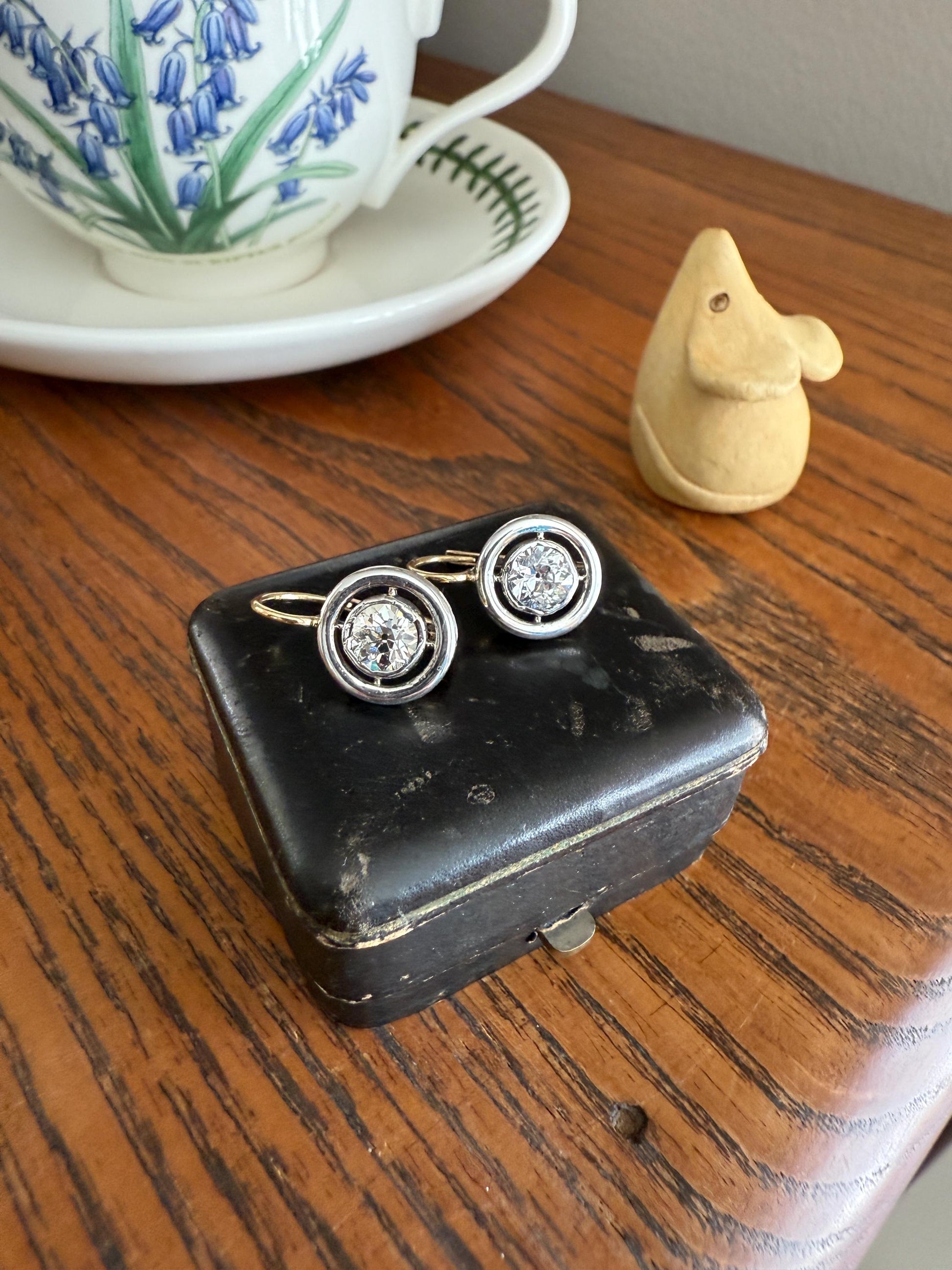Boxed Antique Eye Clean 1.85 Carat Old Mine Cut DIAMOND Dormeuse Earrings Bezel Set in Circle Halo 17k Gold Silver Dangle Bullseye Gift 18k