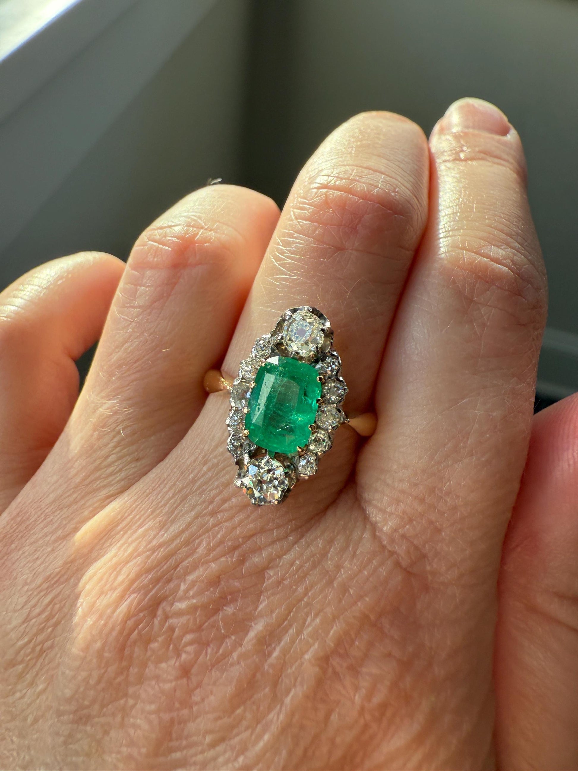 Boxed French Antique Natural Zambia EMERALD w/ Cert & 1.1Ctw Old Mine Cut DIAMOND Halo Ring 18k Gold Platinum Green Belle Epoque Gift OMC