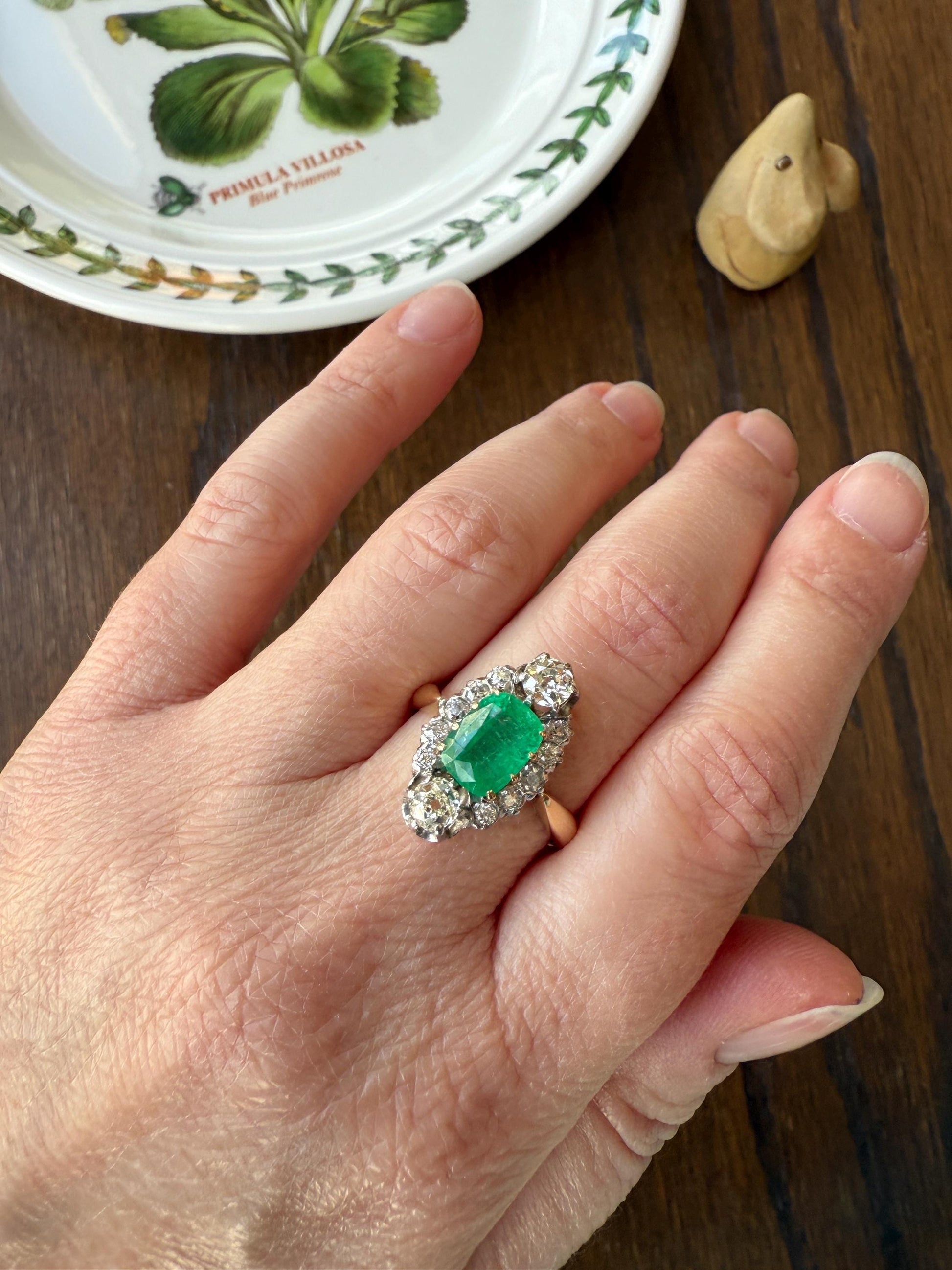Boxed French Antique Natural Zambia EMERALD w/ Cert & 1.1Ctw Old Mine Cut DIAMOND Halo Ring 18k Gold Platinum Green Belle Epoque Gift OMC