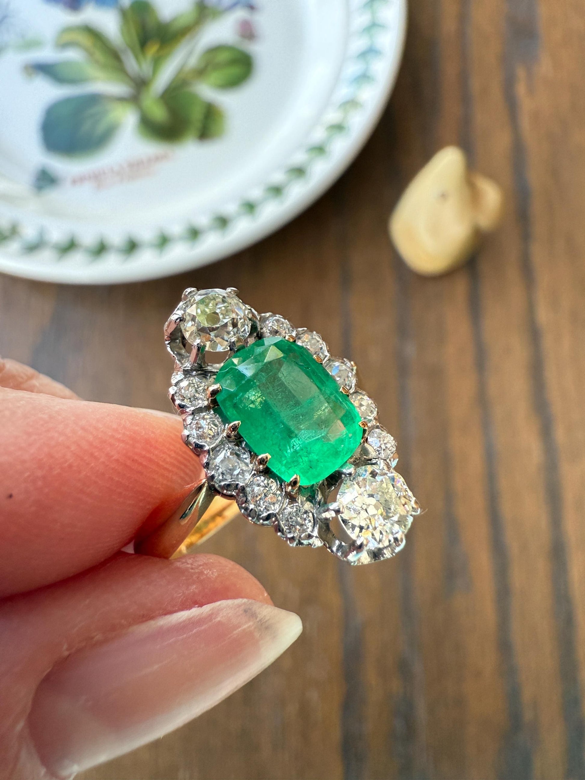 Boxed French Antique Natural Zambia EMERALD w/ Cert & 1.1Ctw Old Mine Cut DIAMOND Halo Ring 18k Gold Platinum Green Belle Epoque Gift OMC