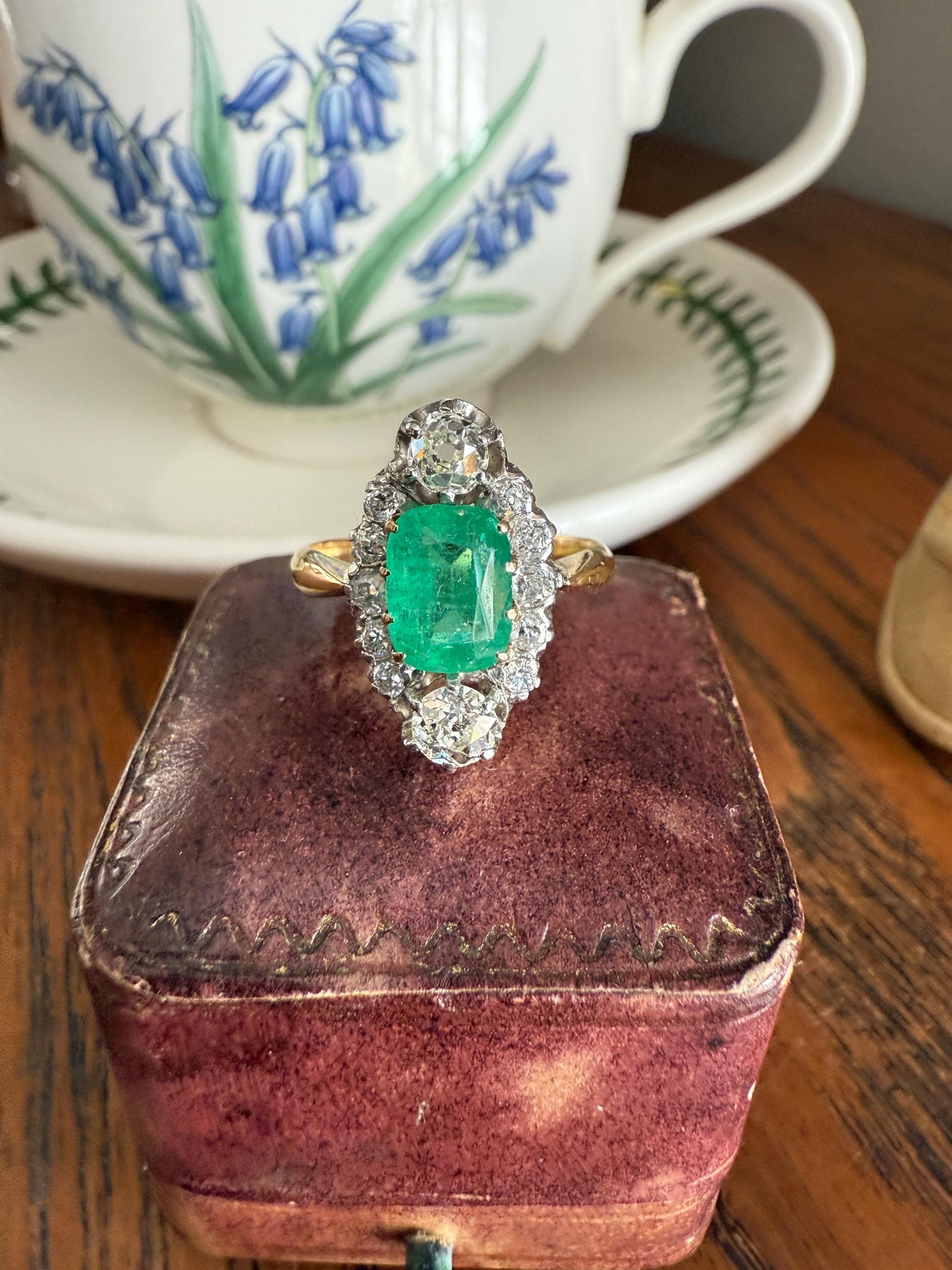 Boxed French Antique Natural Zambia EMERALD w/ Cert & 1.1Ctw Old Mine Cut DIAMOND Halo Ring 18k Gold Platinum Green Belle Epoque Gift OMC